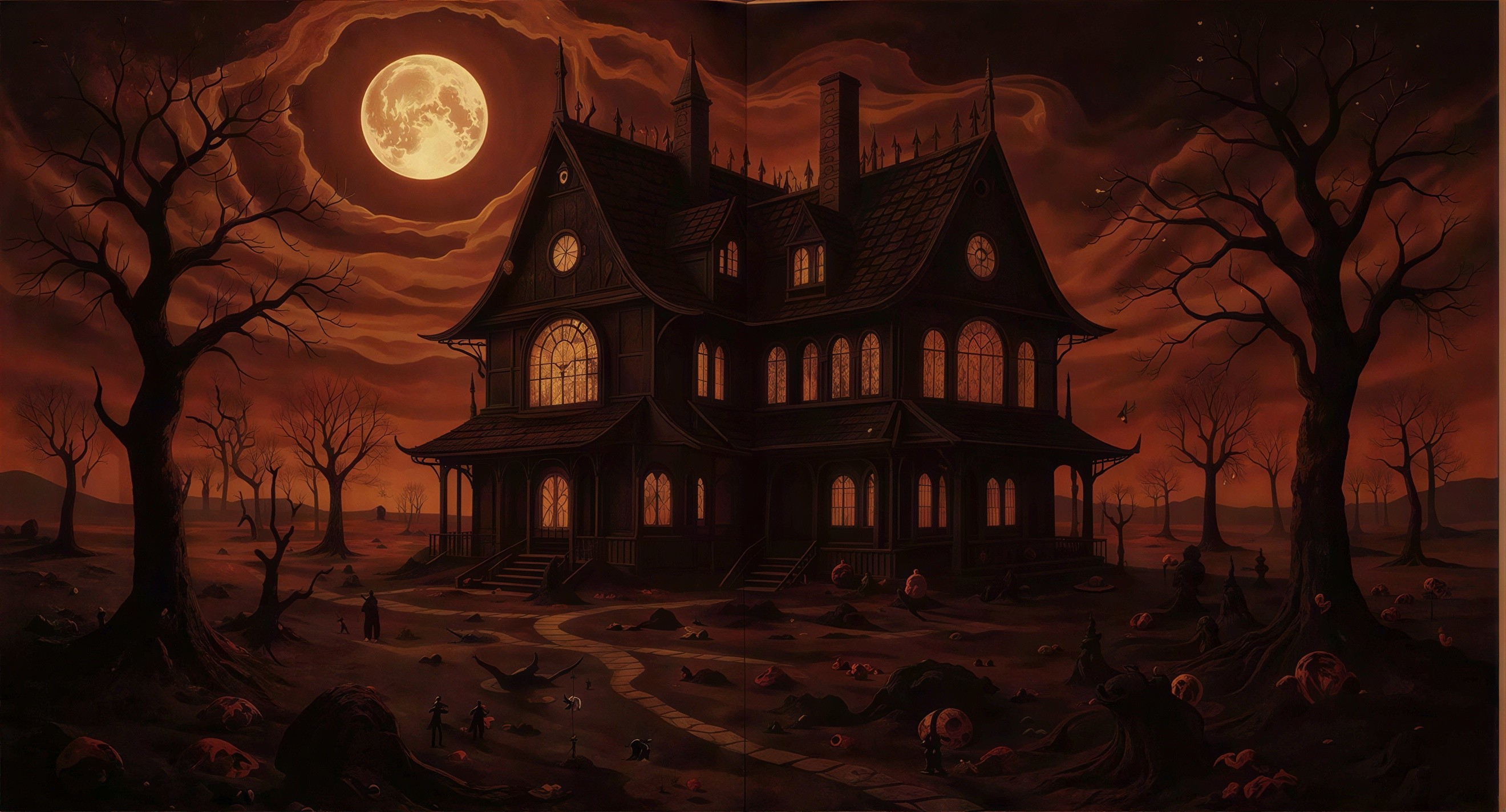 Haunted House Landscape with Gothic Mansion and Moon