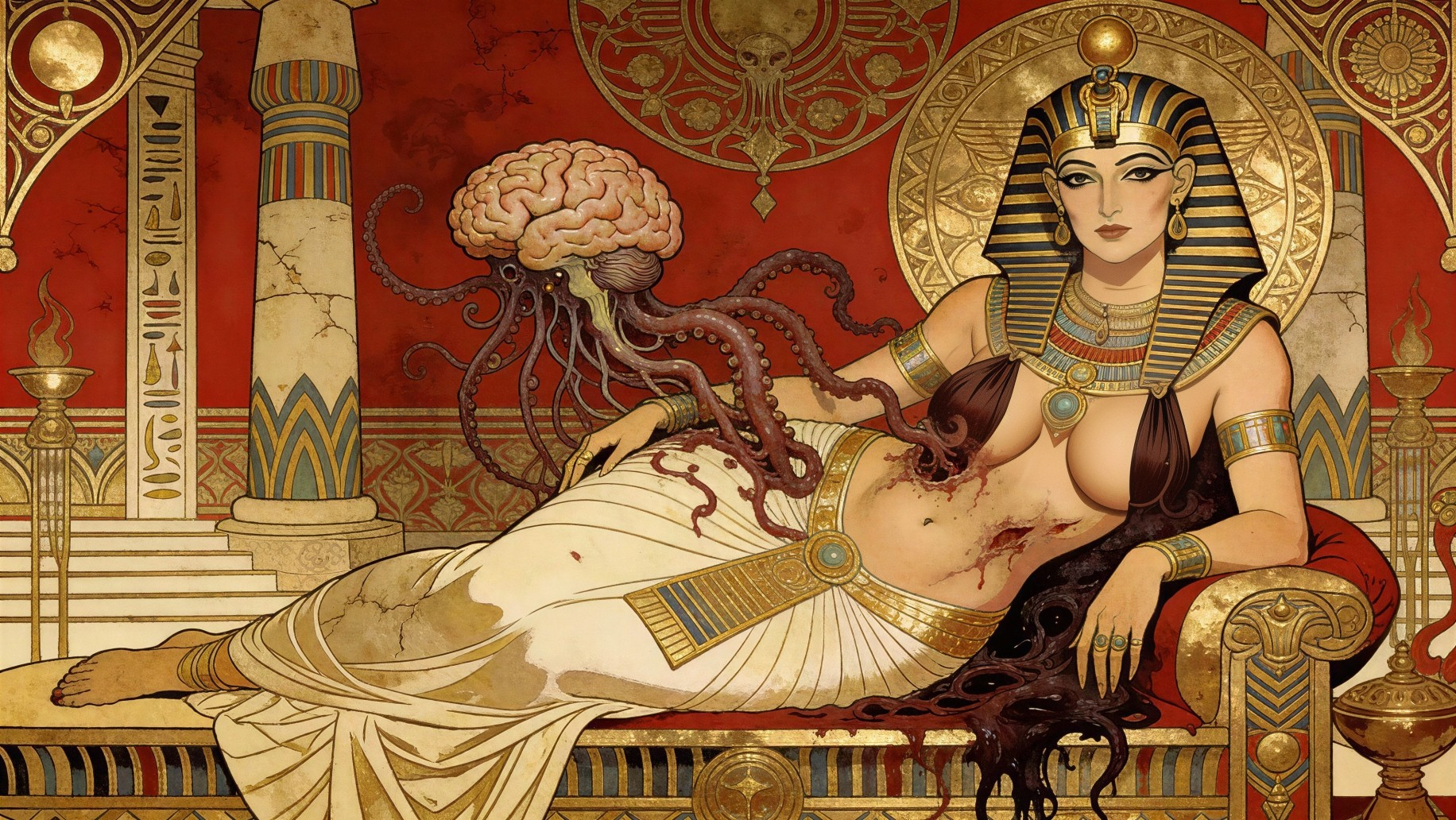 Egyptian Queen in Royal Room with Tentacled Brain