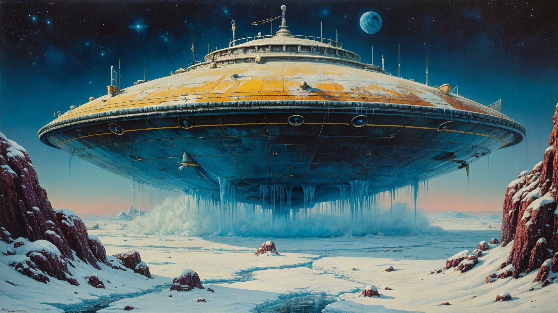 Futuristic spacecraft above snowy landscape at night