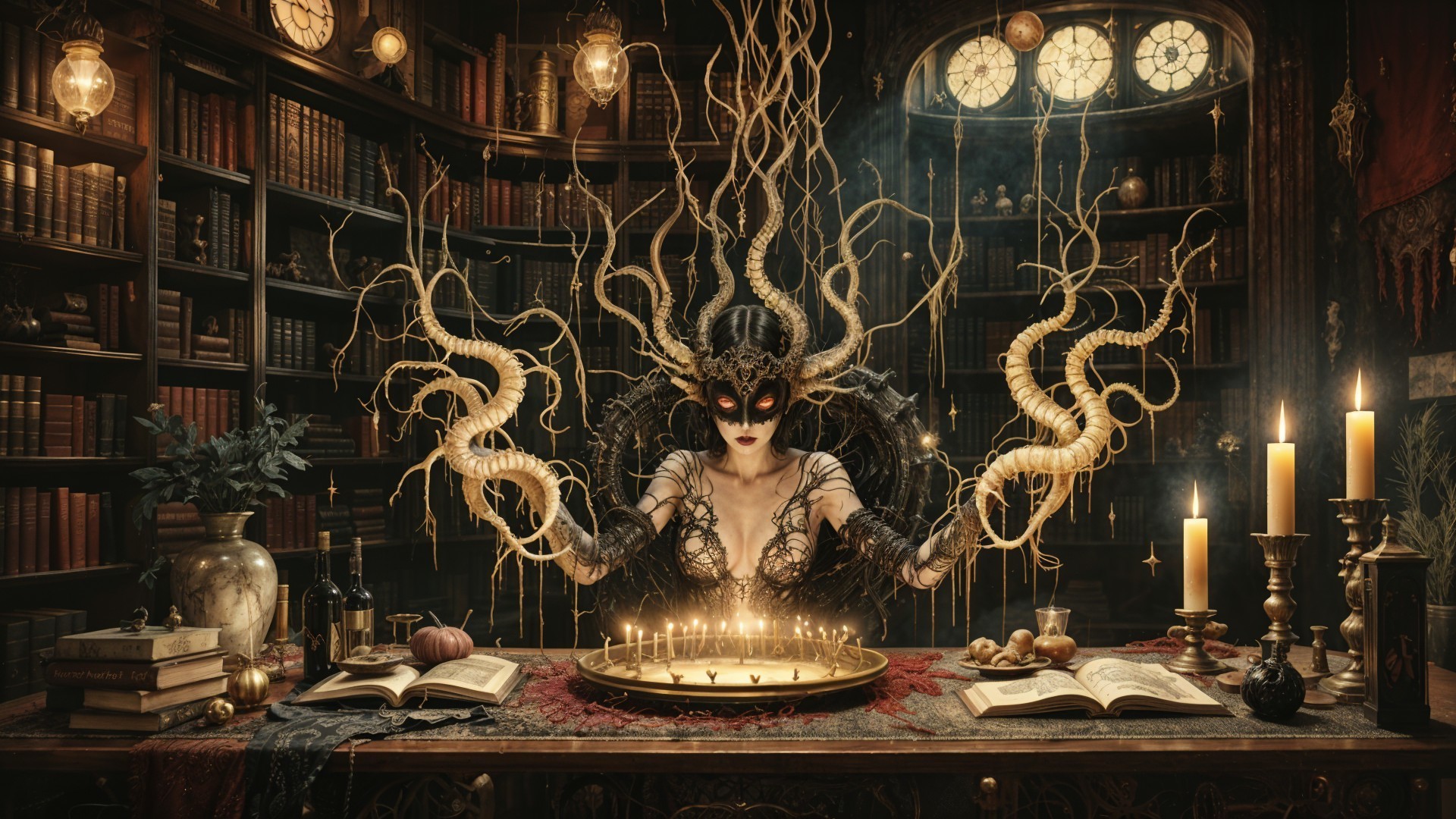 Mysterious Sorceress in Enigmatic Library Setting