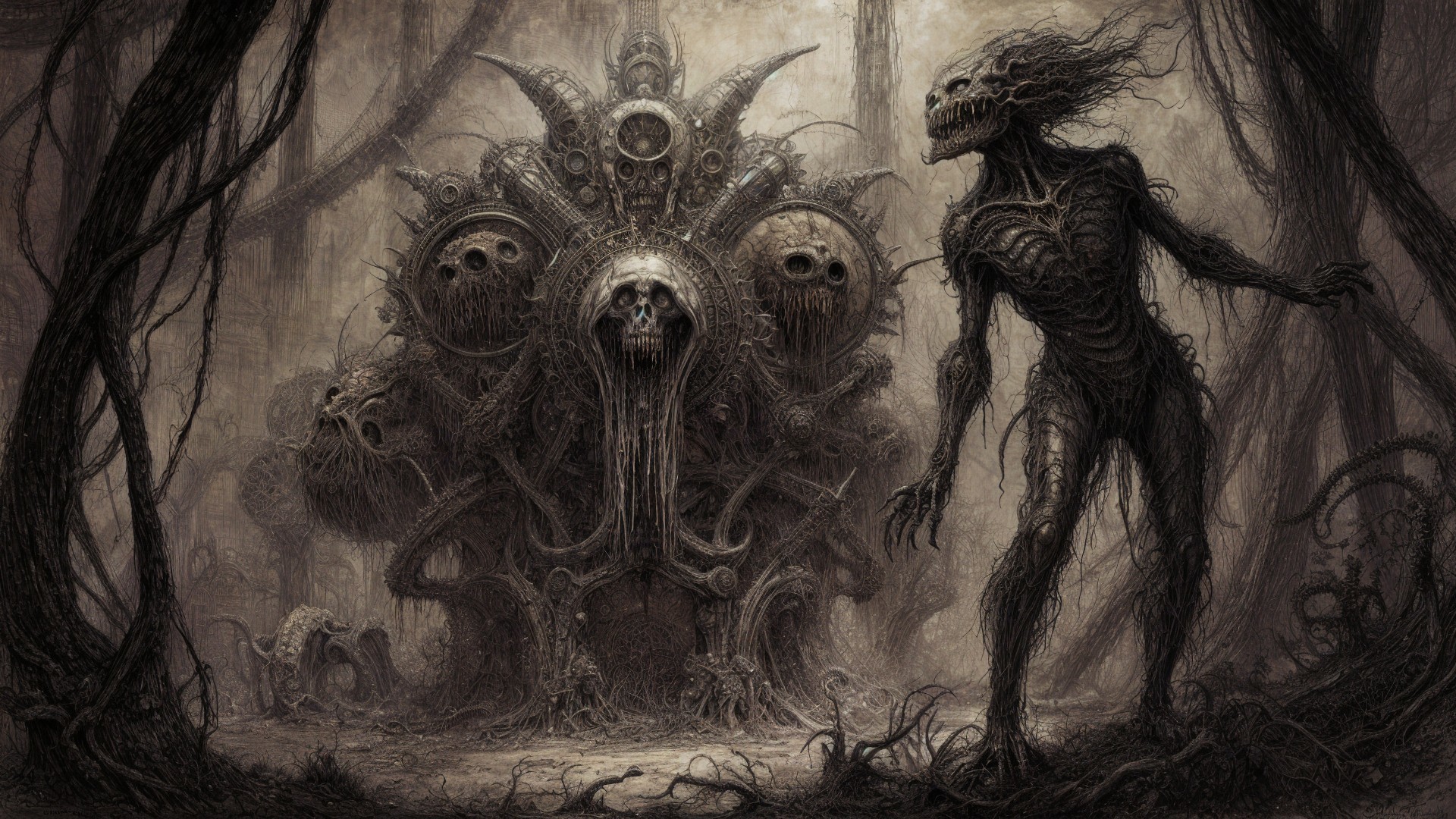 Eerie Landscape with Grotesque Structure and Shadows