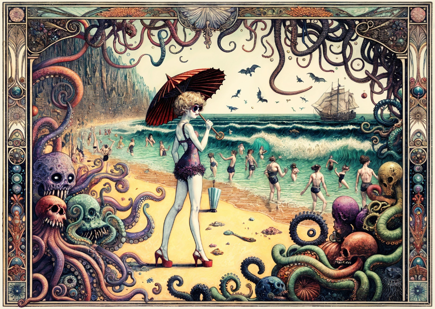 Whimsical Beach Scene with Fantasy and Horror Elements