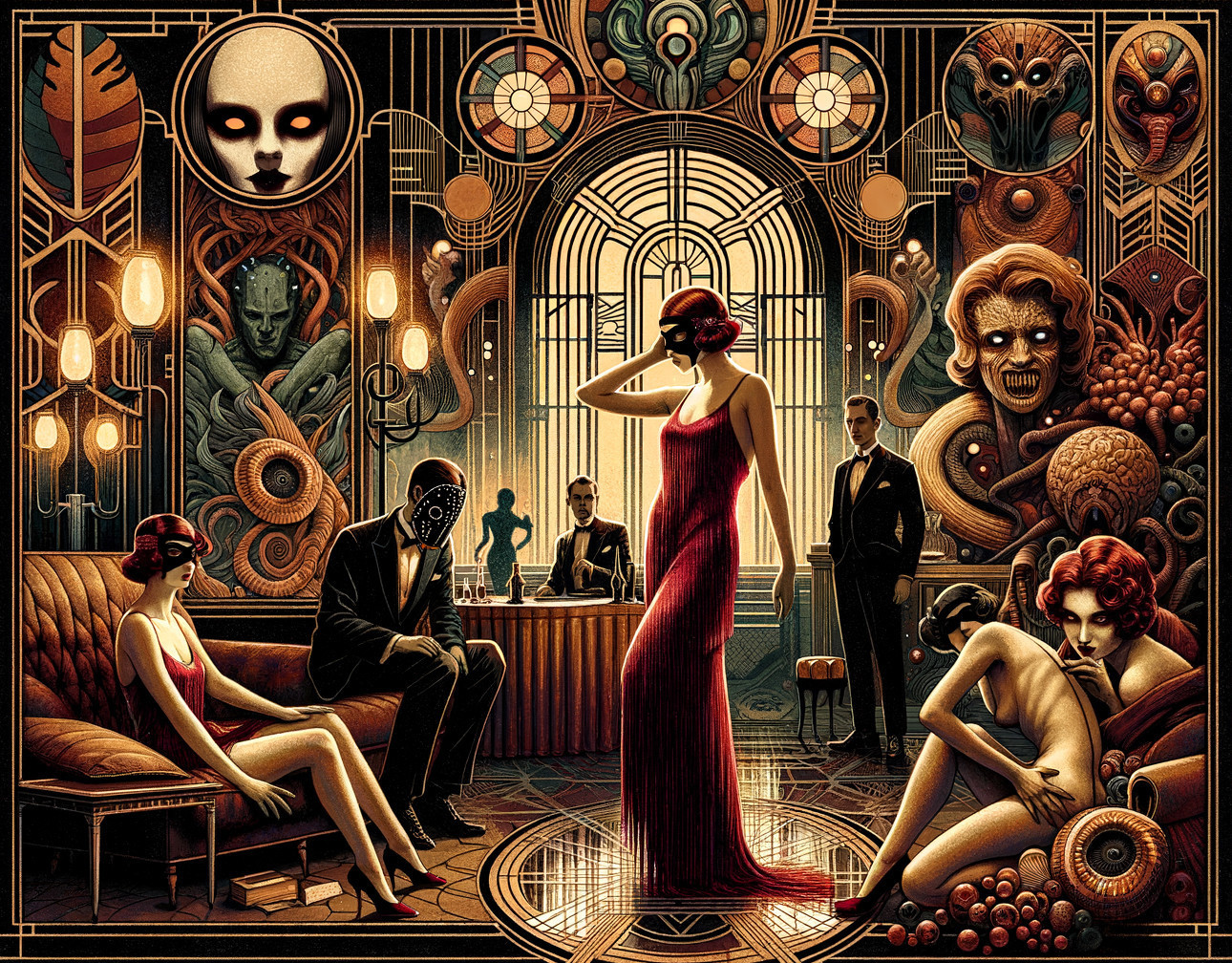 Dark Art Deco Illustration of a Horror-Themed Speakeasy