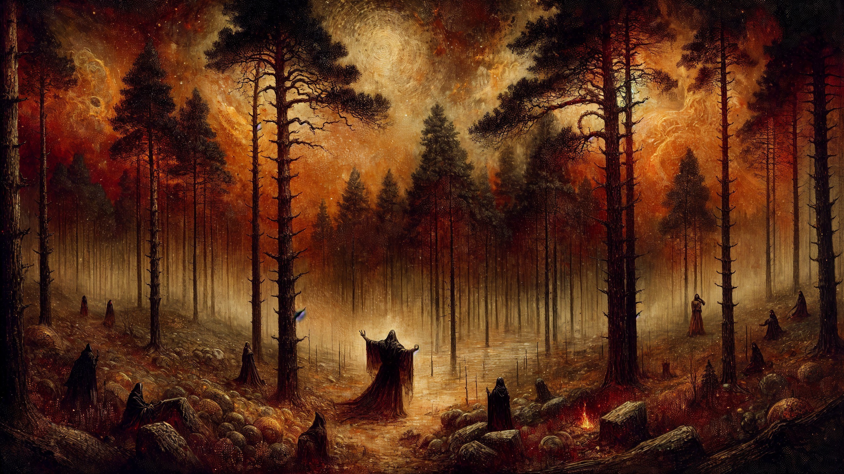 Ominous Figures in Cloaks Gather in Dark Forest