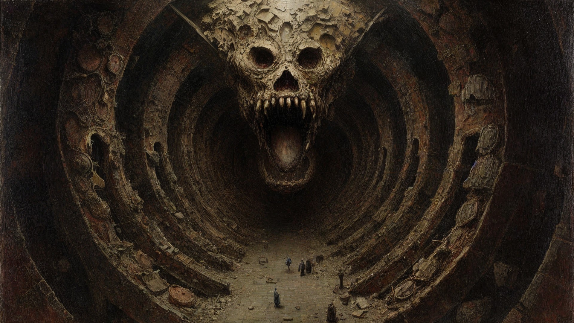 Giant Skull in Dark Cavern with Intricate Carvings