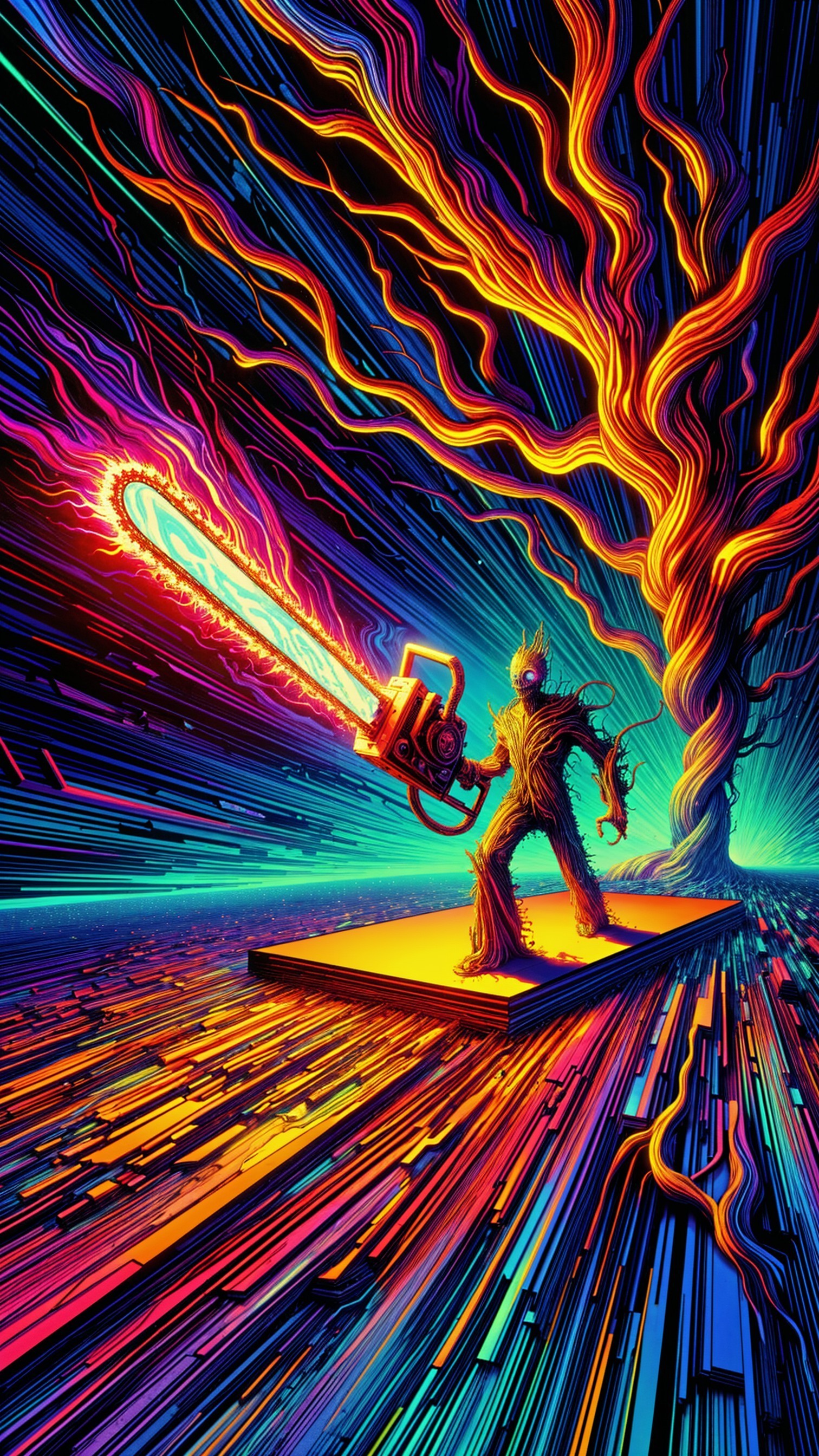 Vibrant Scene of Tree Figure with Futuristic Chainsaw