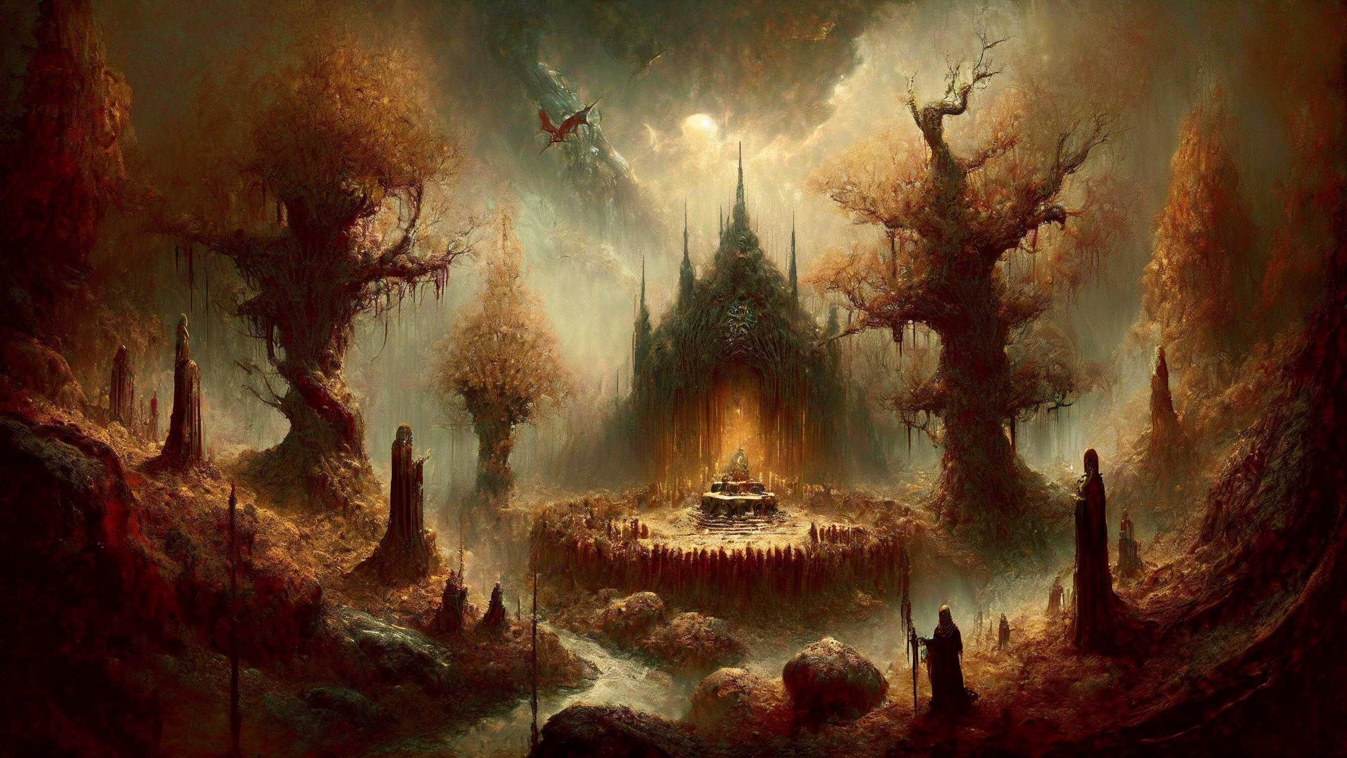 Mystical Landscape with Throne and Soaring Dragon