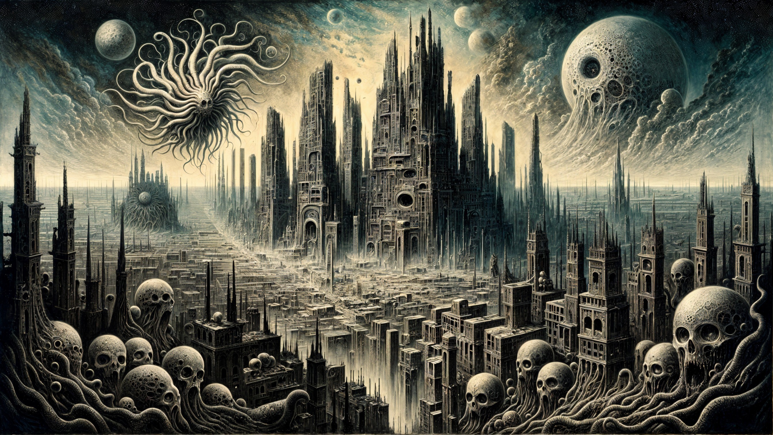 Surreal Dystopian Landscape with Decaying Skyscrapers