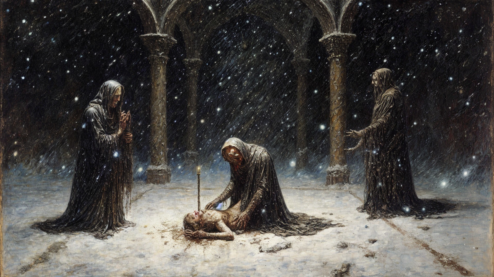 Hooded Figures in Snowy Ritual Scene with Sacrifice Themes