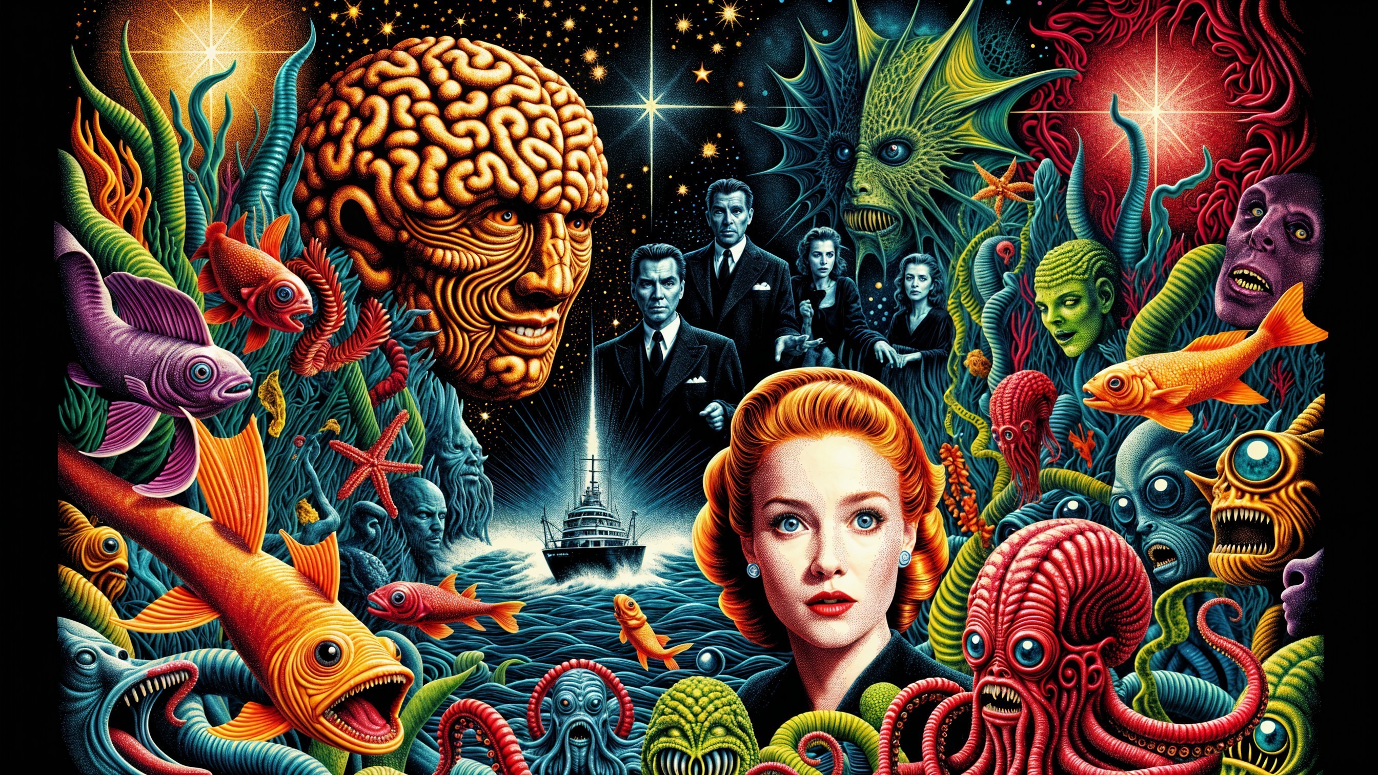 Surreal Scene of Horror and Science Fiction Elements