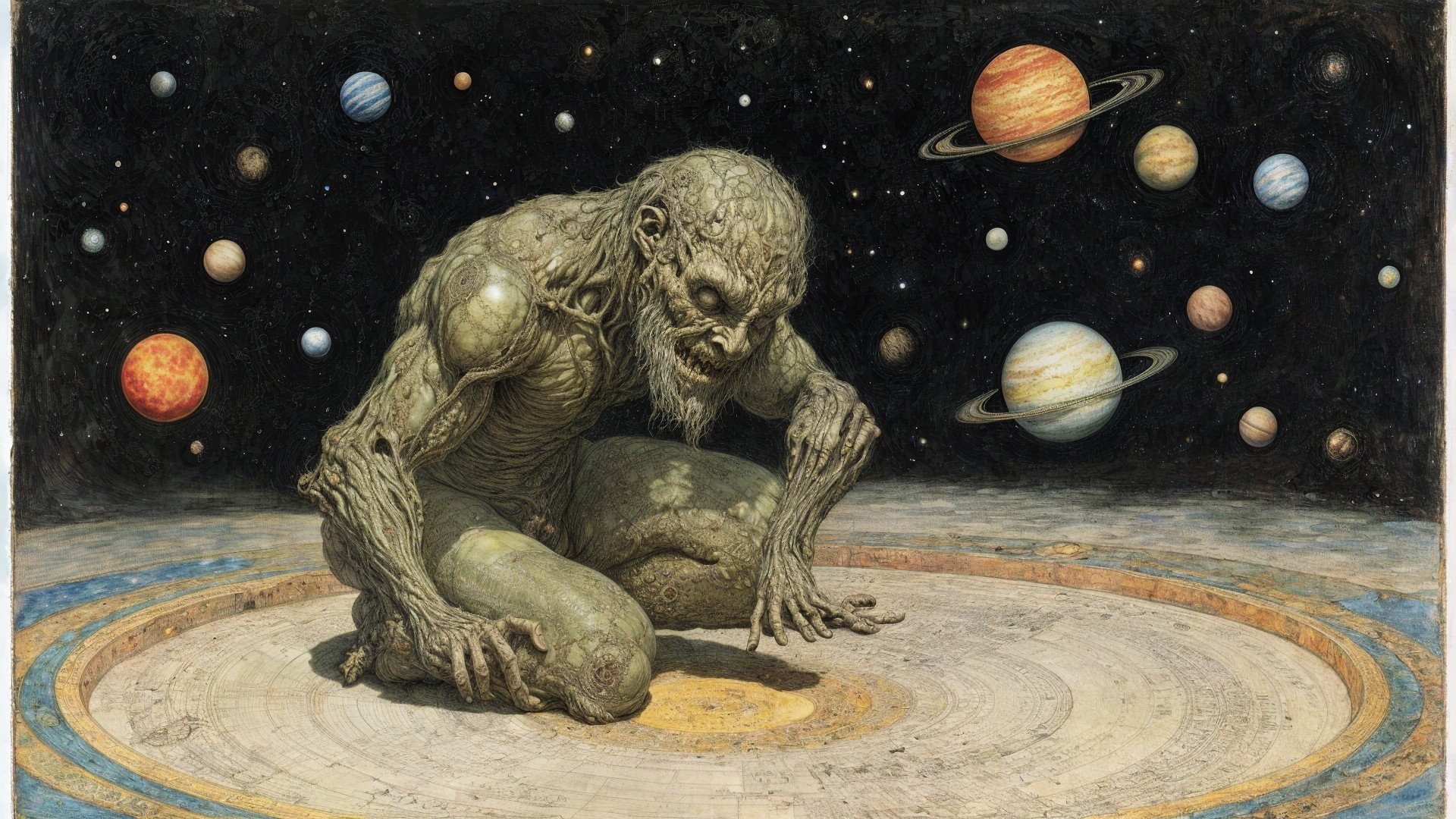 Humanoid Creature on Celestial Map with Planets