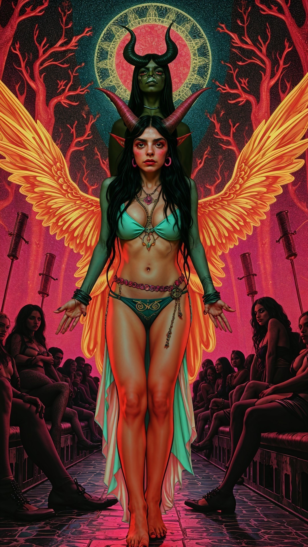 Woman with Green Skin and Wings in Mystical Scene
