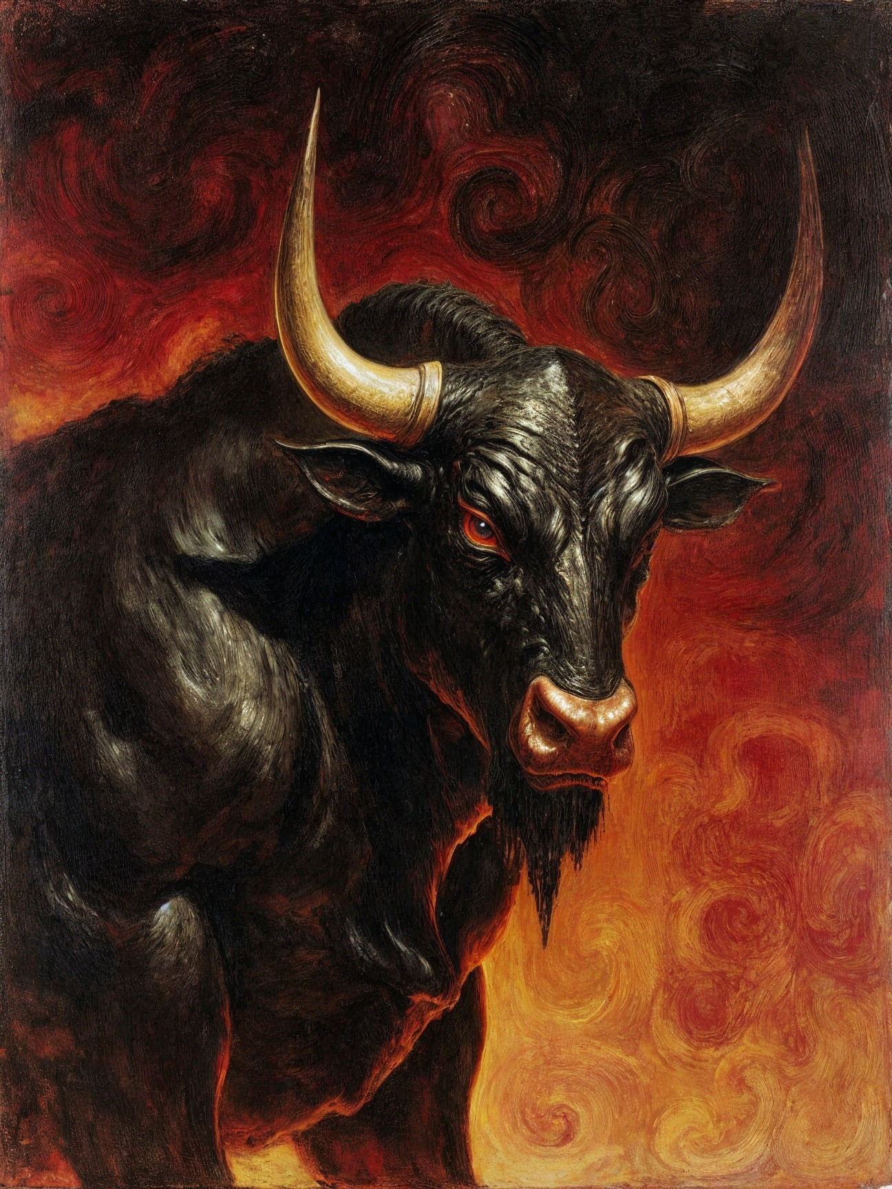 Dramatic Bull Depiction with Fiery Background Colors