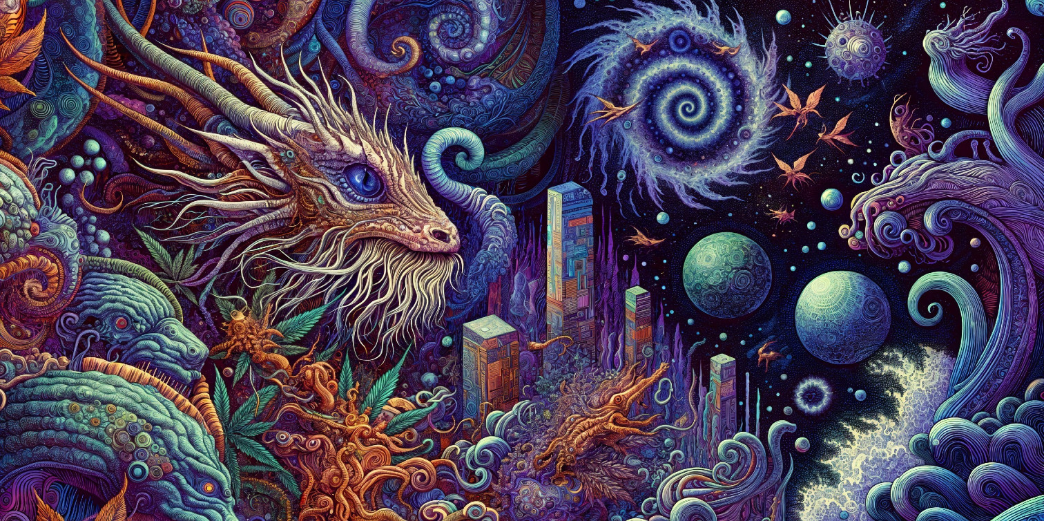 Vibrant Cosmic Scene with Dragons and Galaxies