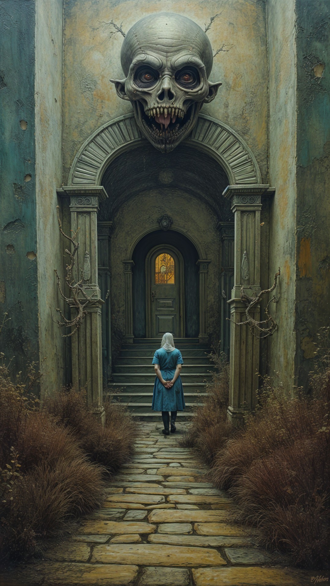 Eerie Corridor with Blue Dress and Ominous Skull
