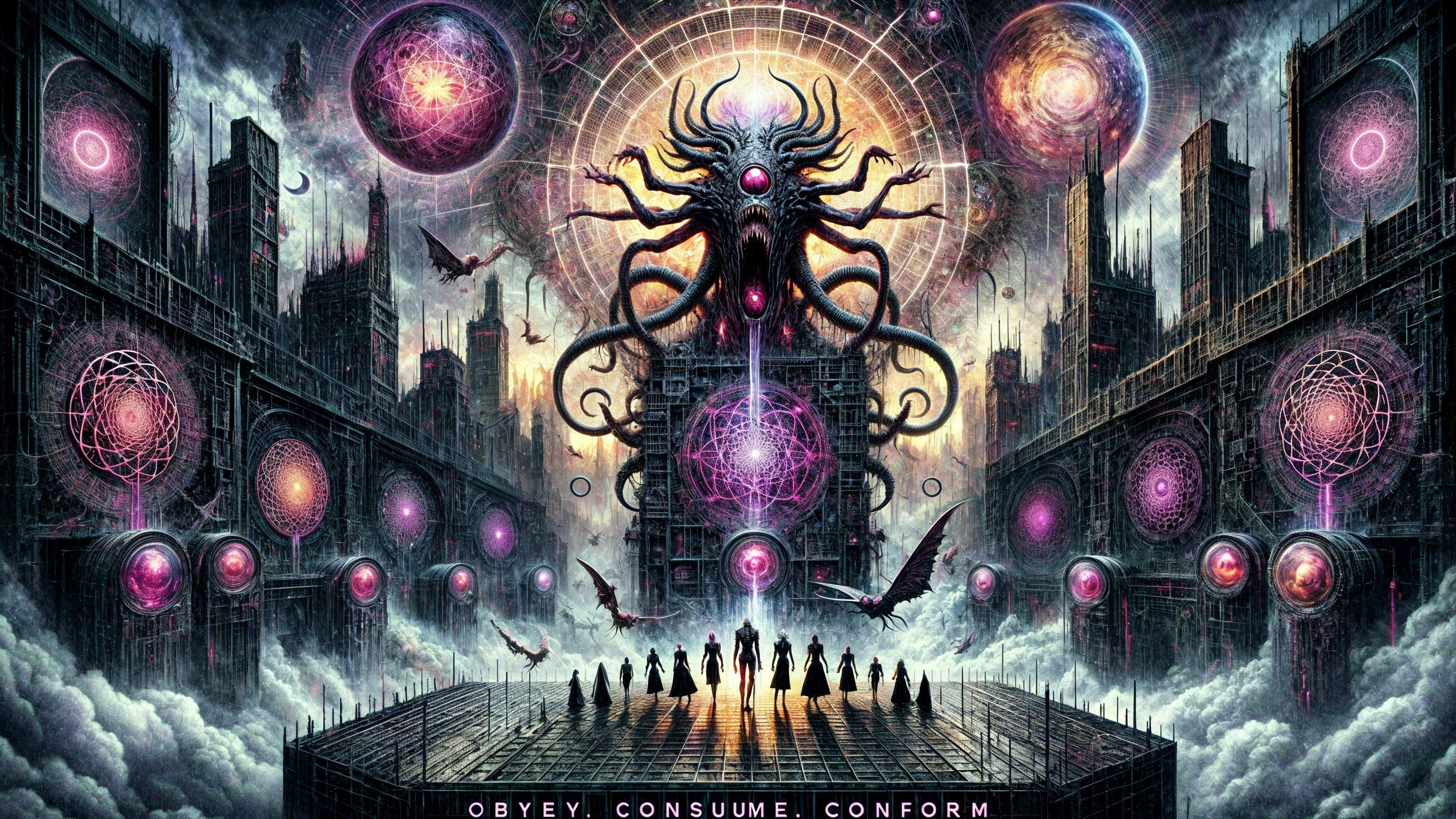 Surreal Cosmic Entity Over Dystopian Cityscape