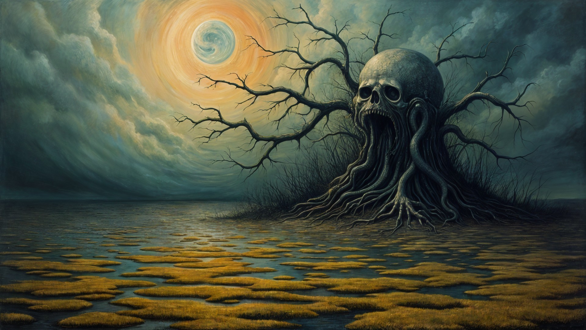 Haunting Landscape with Skull Tree and Ominous Sky