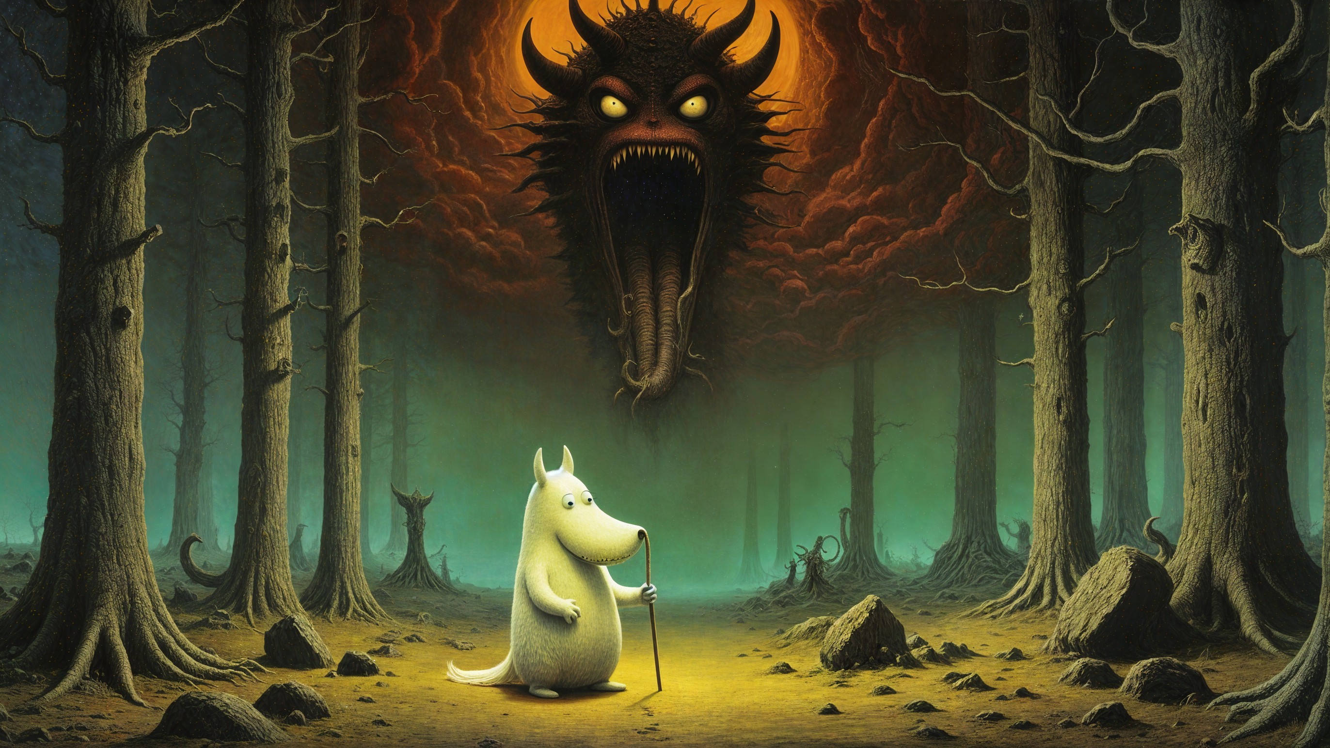 Whimsical Creature in Dark Forest with Ominous Sky