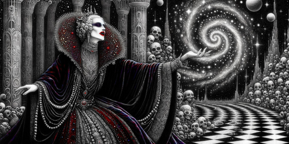 Regal Figure in Dark Robes Amid Surreal Galaxy Scene