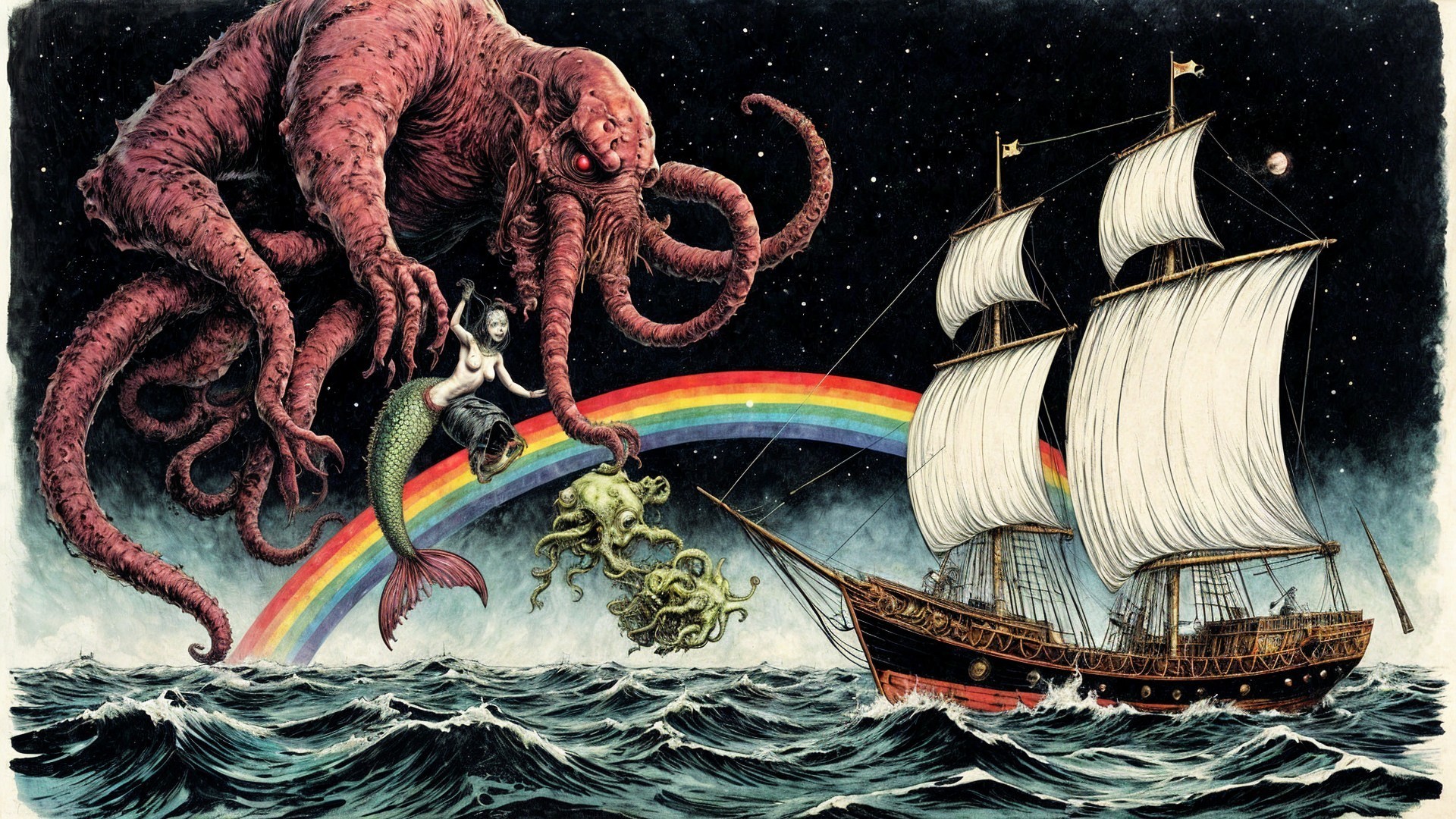 Majestic Ship and Tentacled Creature Under Stars