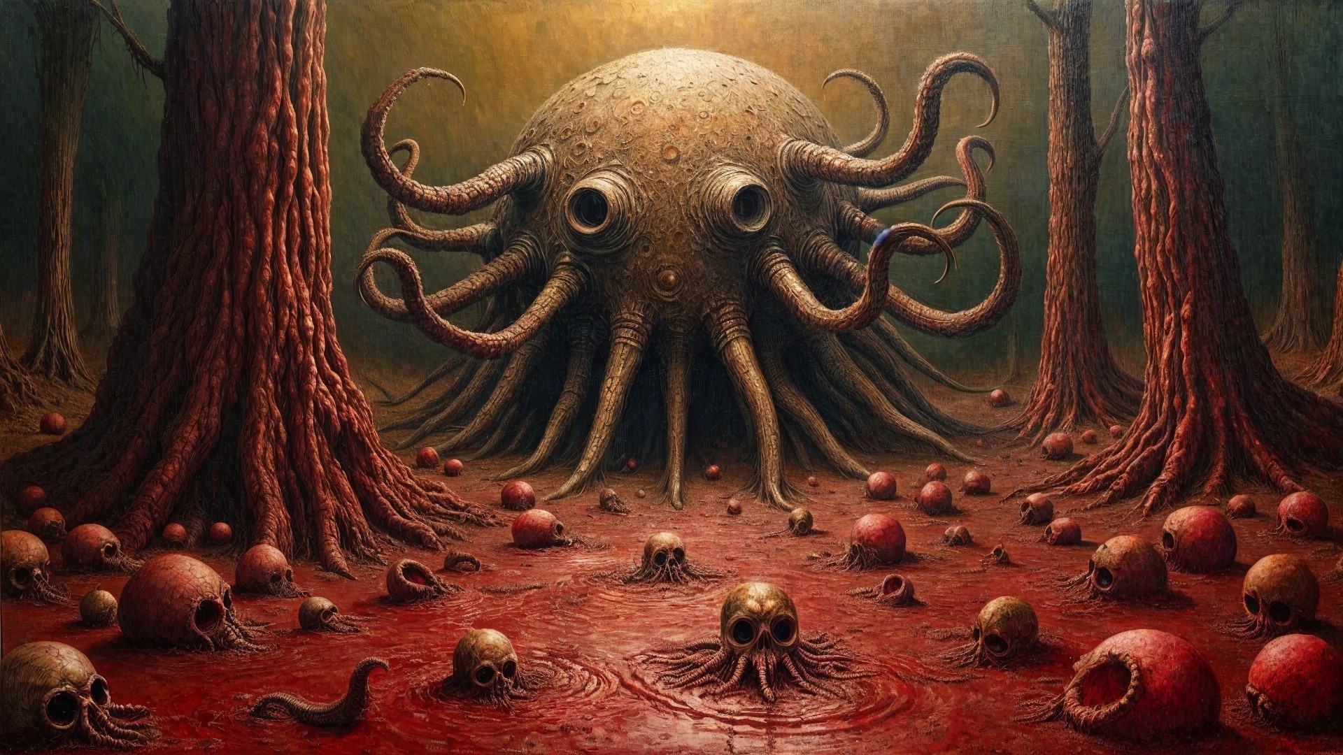 Surreal Dark Landscape with Tentacled Creature and Skulls