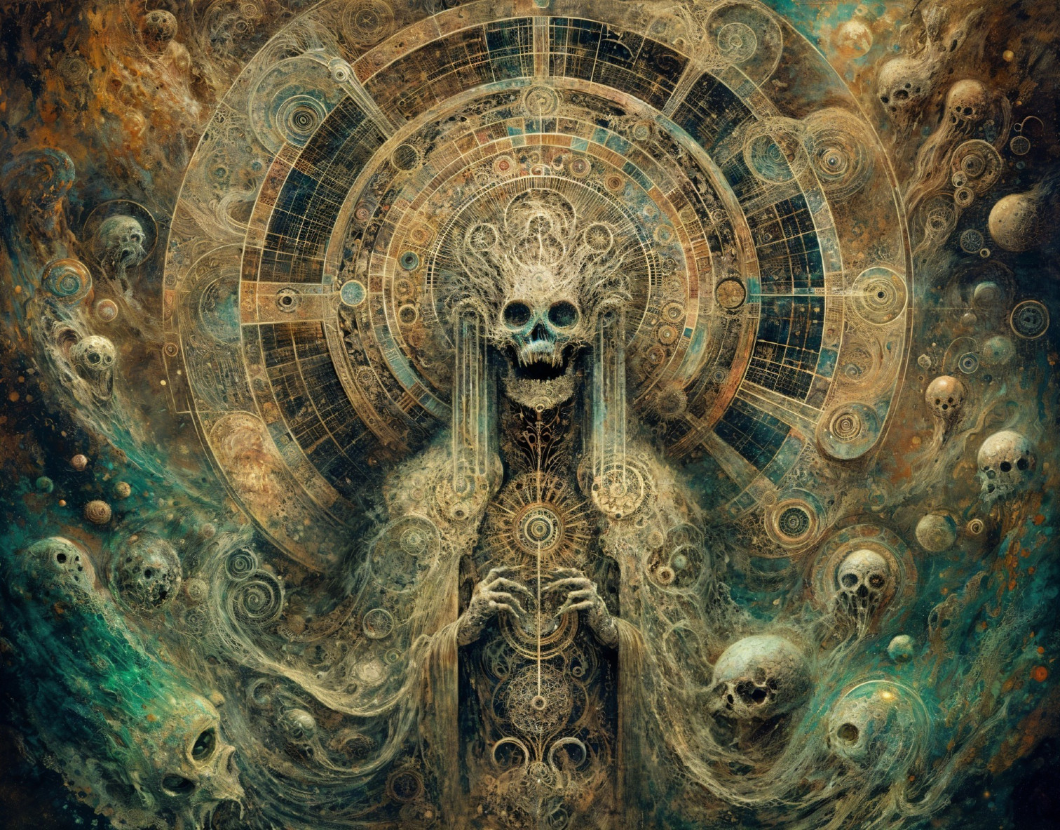 Cosmic Figure Surrounded by Ghostly Apparitions and Skulls