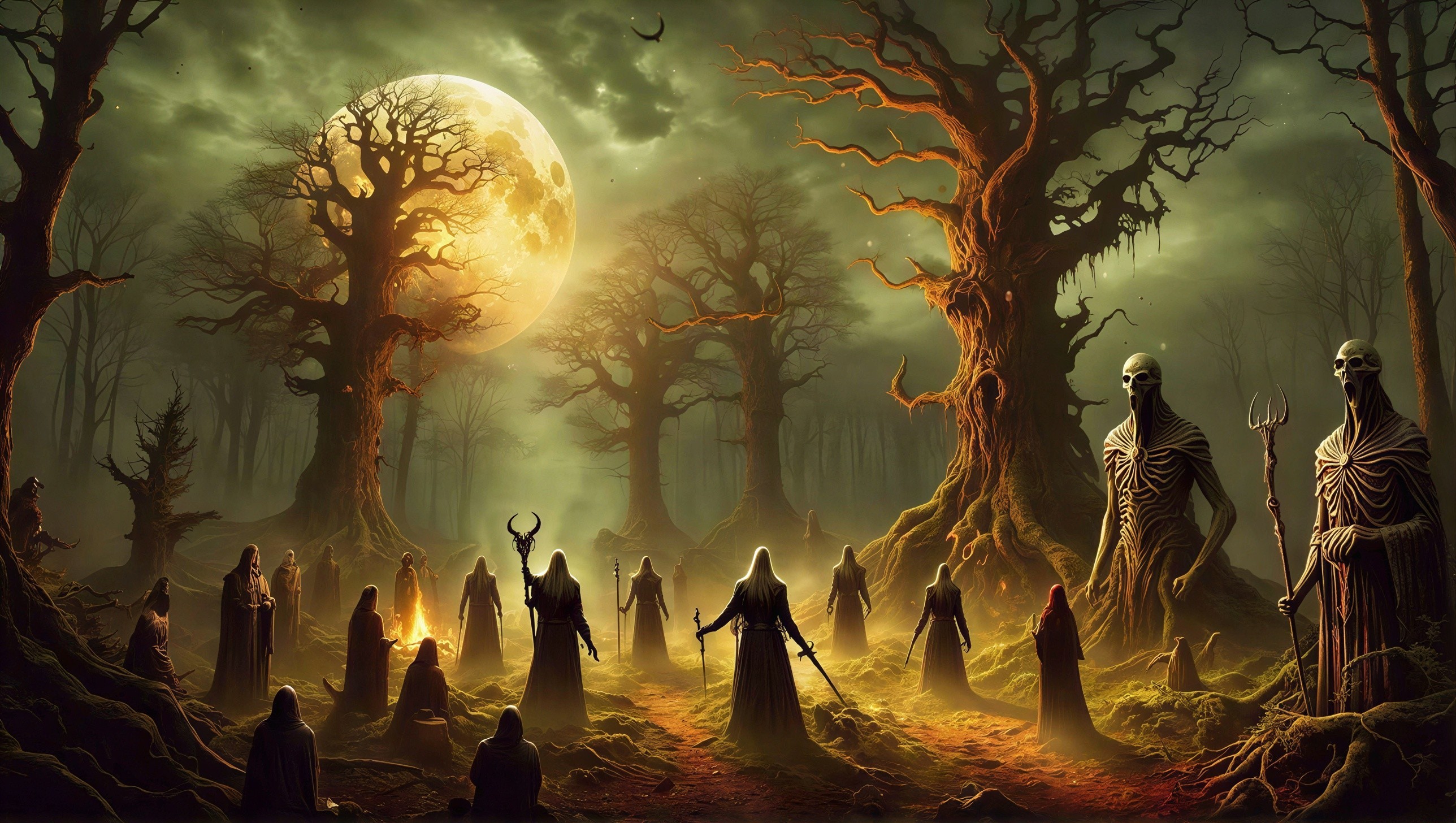 Nighttime Fantastical Forest with Luminous Moon and Figures