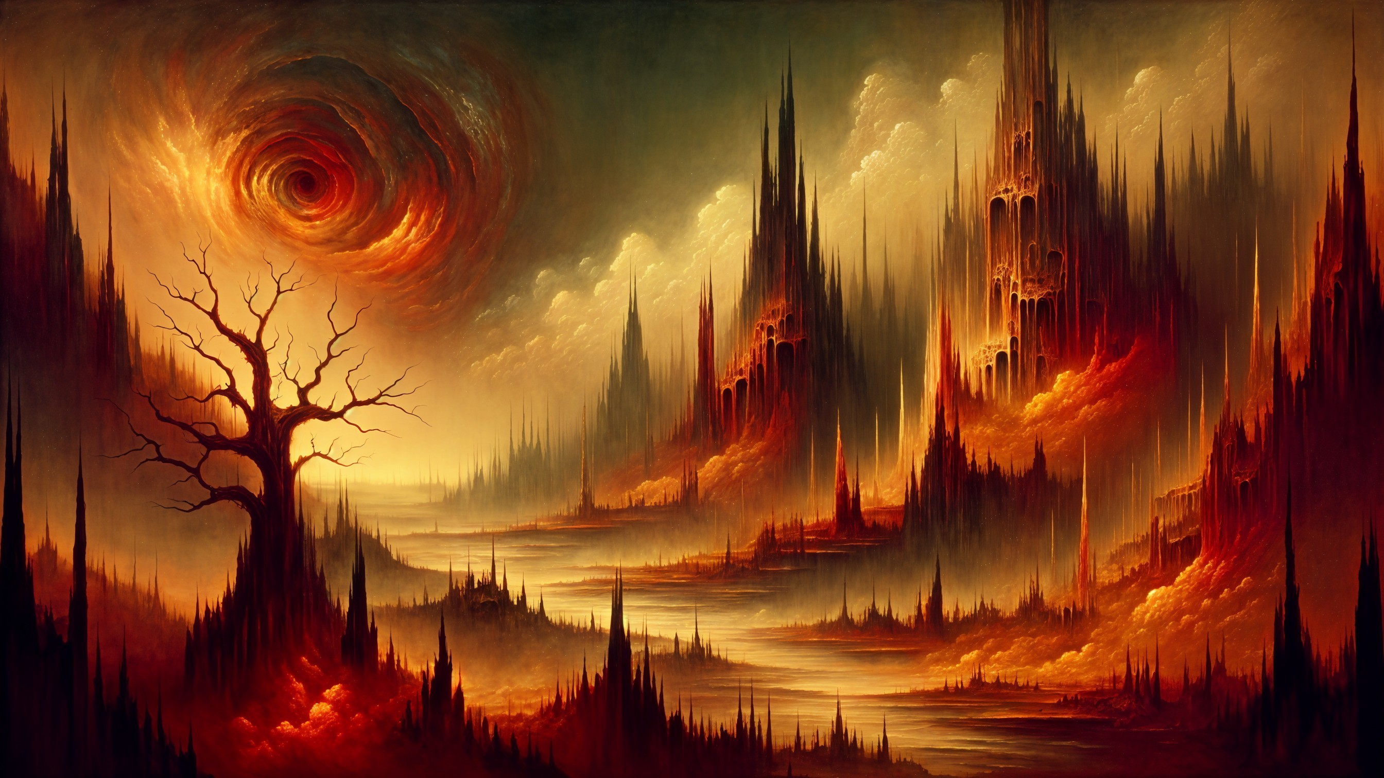 Surreal Landscape with Jagged Mountains and Vortex