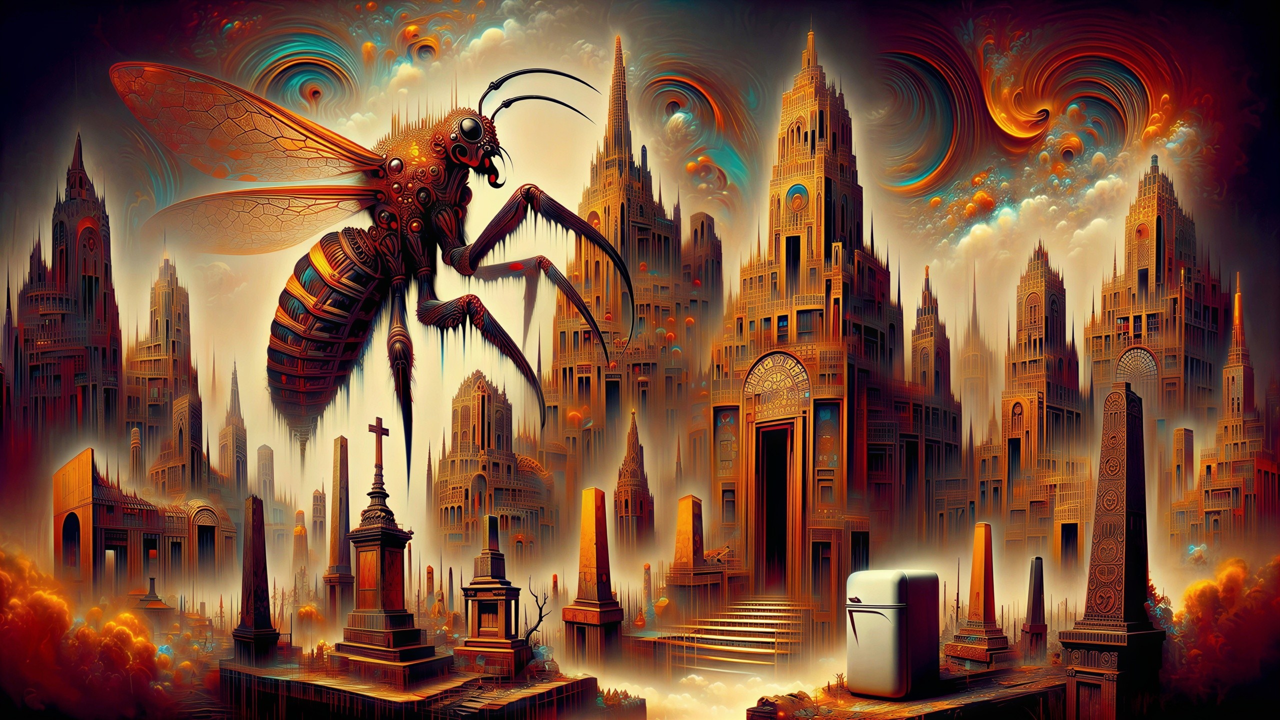 Giant Hornet Insect Over Surreal Cityscape Painting