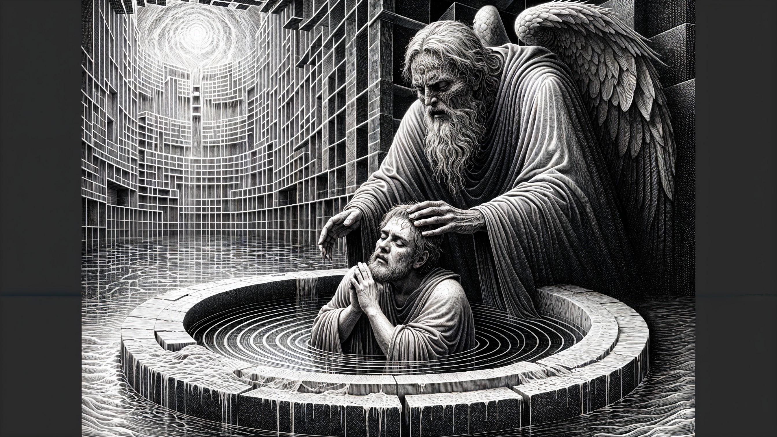 Monochromatic Scene of Winged Figure and Pool