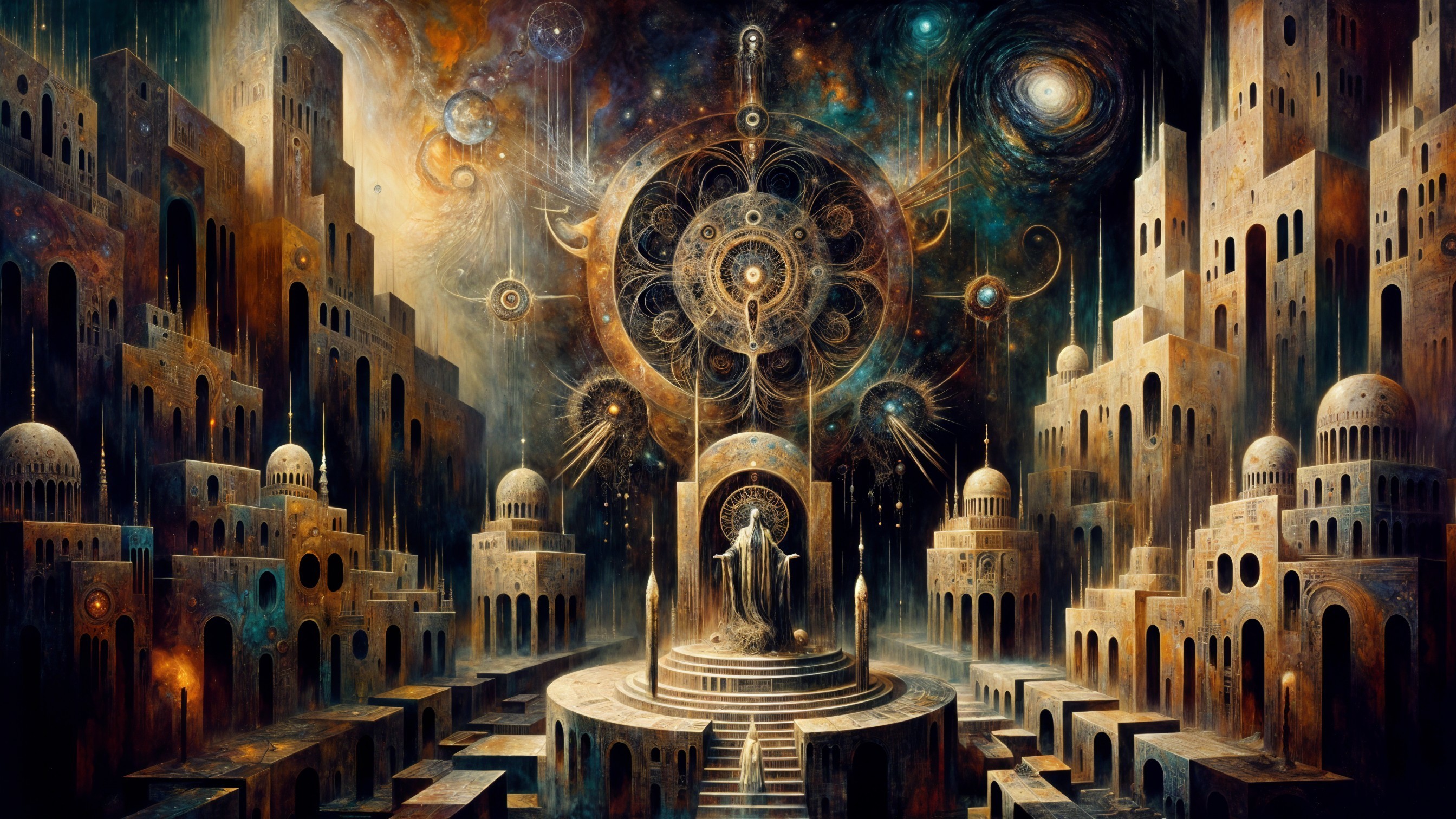 Surreal Cosmic Landscape with Temples and Celestial Clock