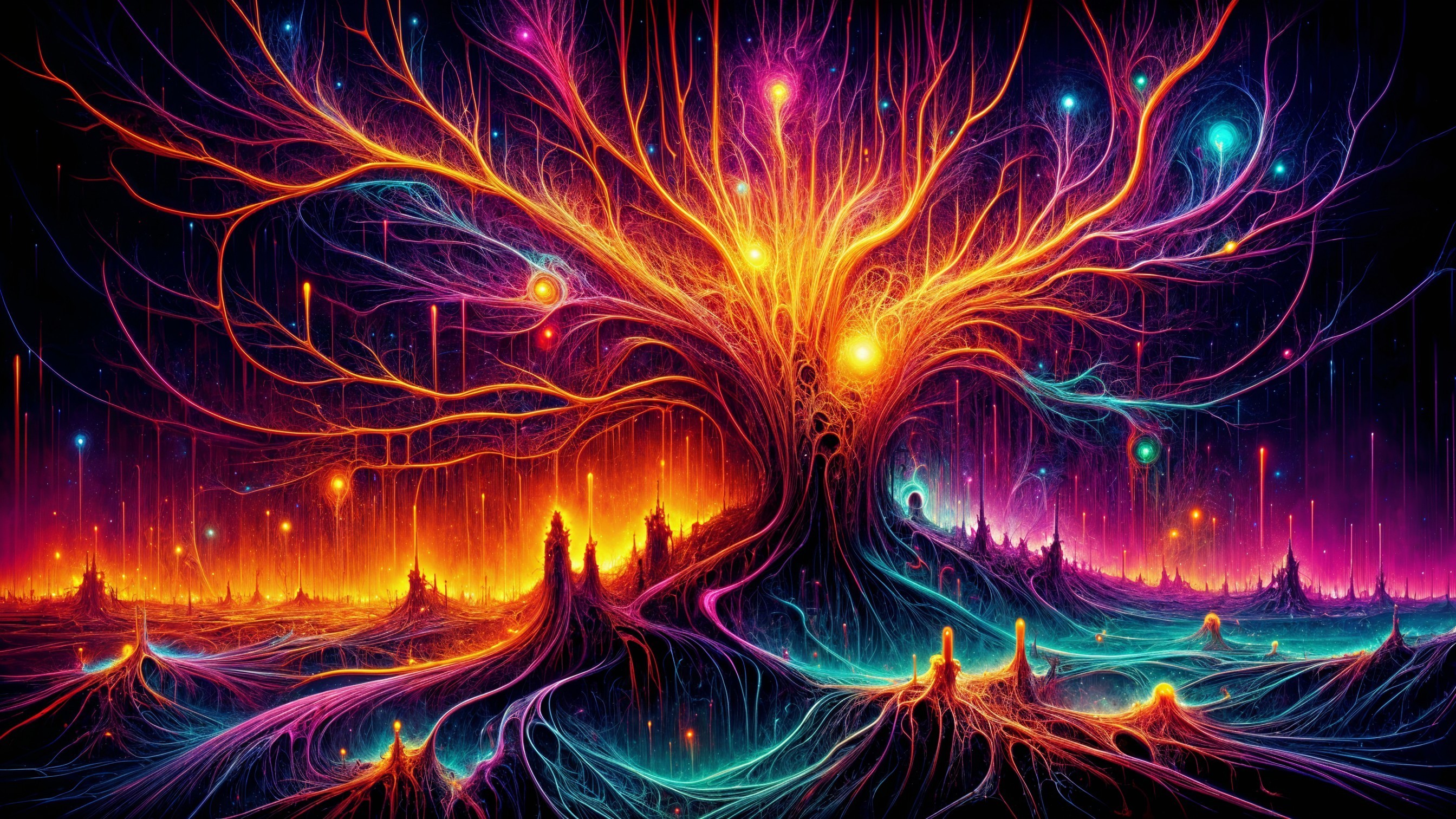 Cosmic Tree with Vibrant Colors and Pulsating Light