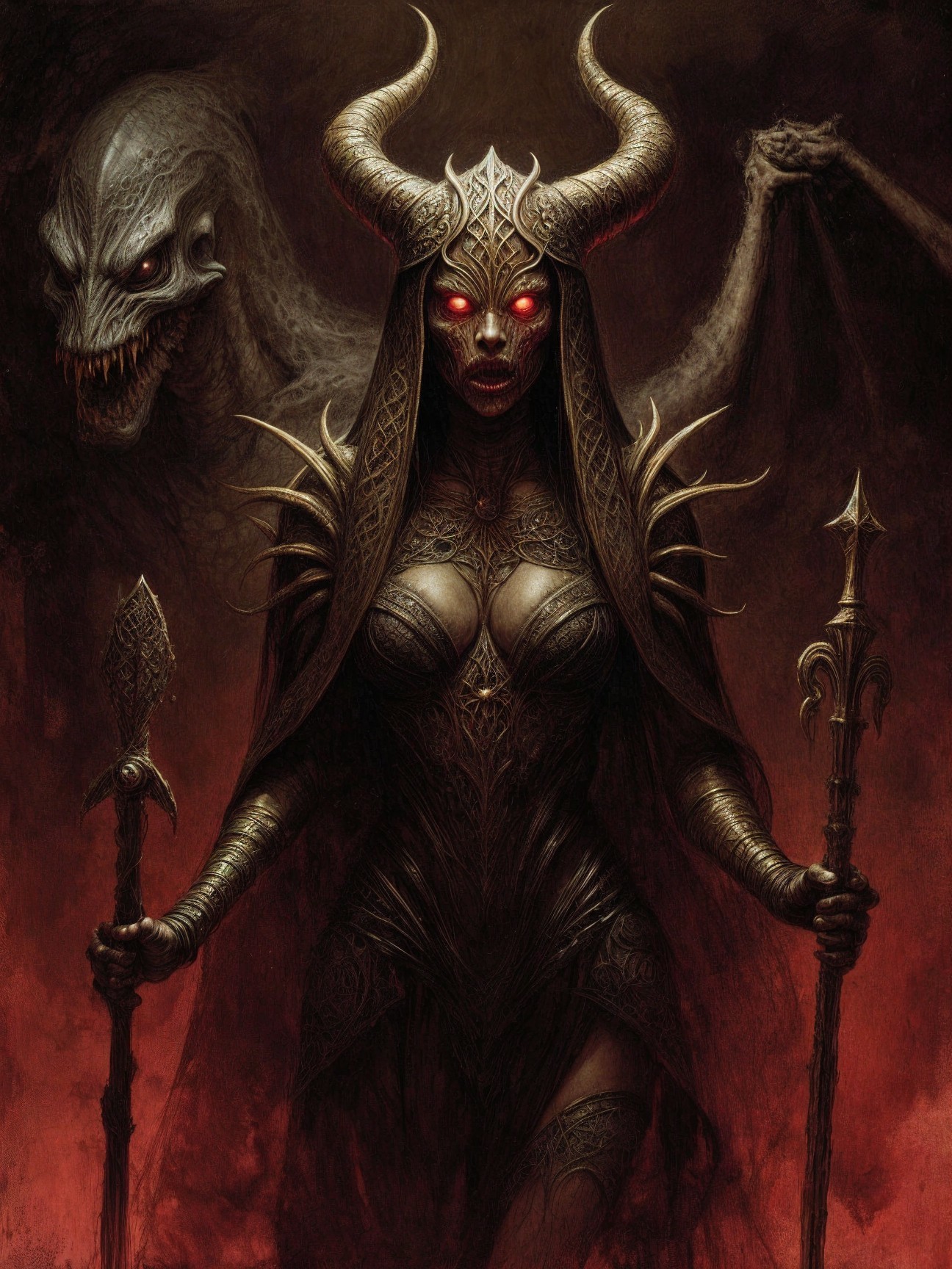 Menacing Figure in Dark Armor with Glowing Eyes