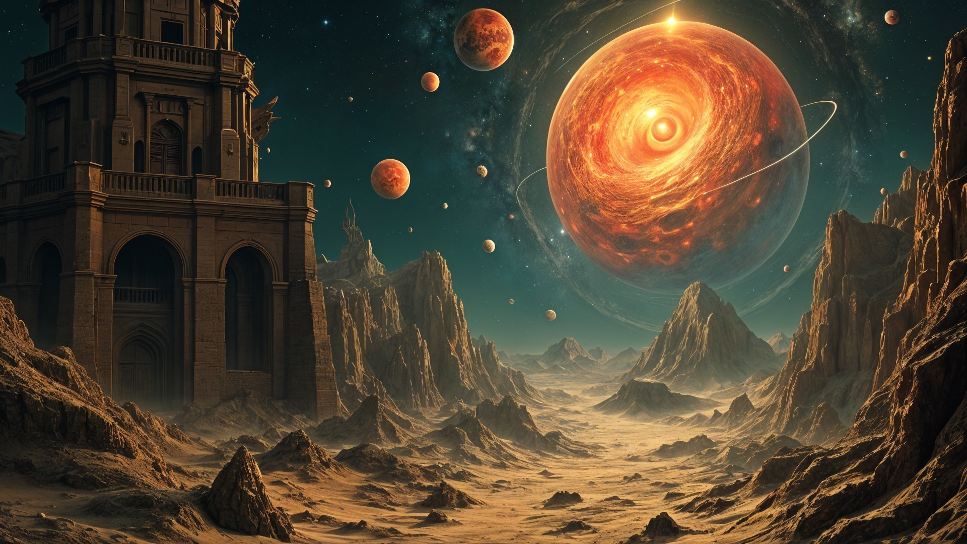 Futuristic Landscape with Decaying Structure and Fiery Planet