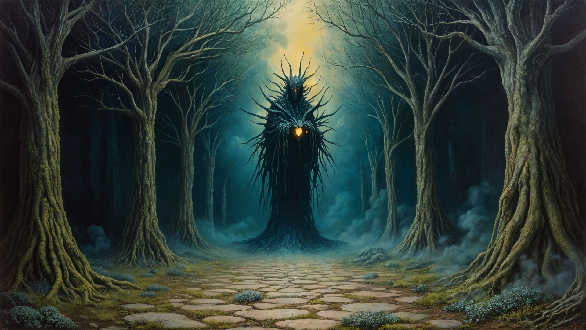 Shadowy Figure in a Misty Forest with Glowing Orb