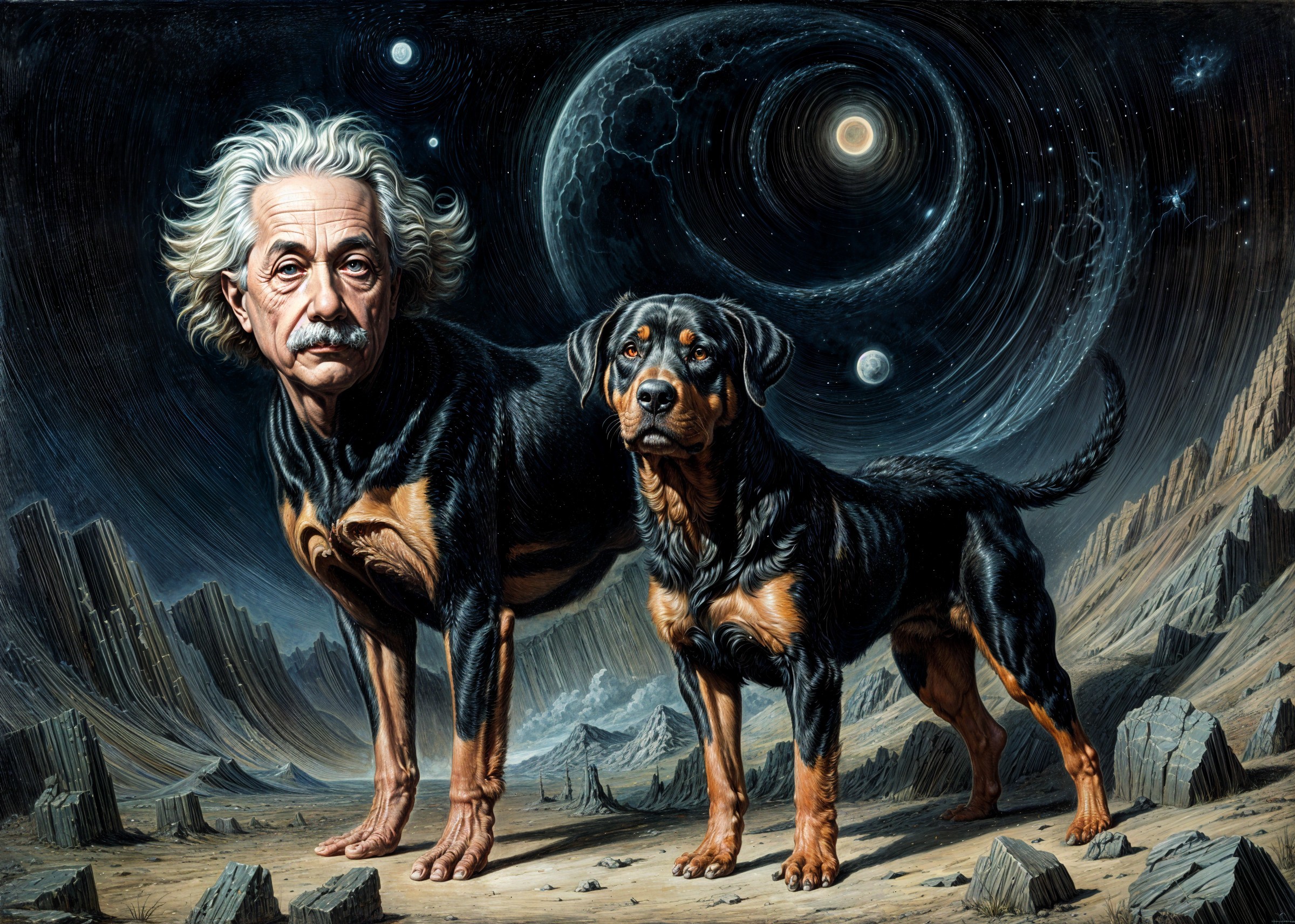 Surreal Cosmic Scene with Scientist and Rottweiler