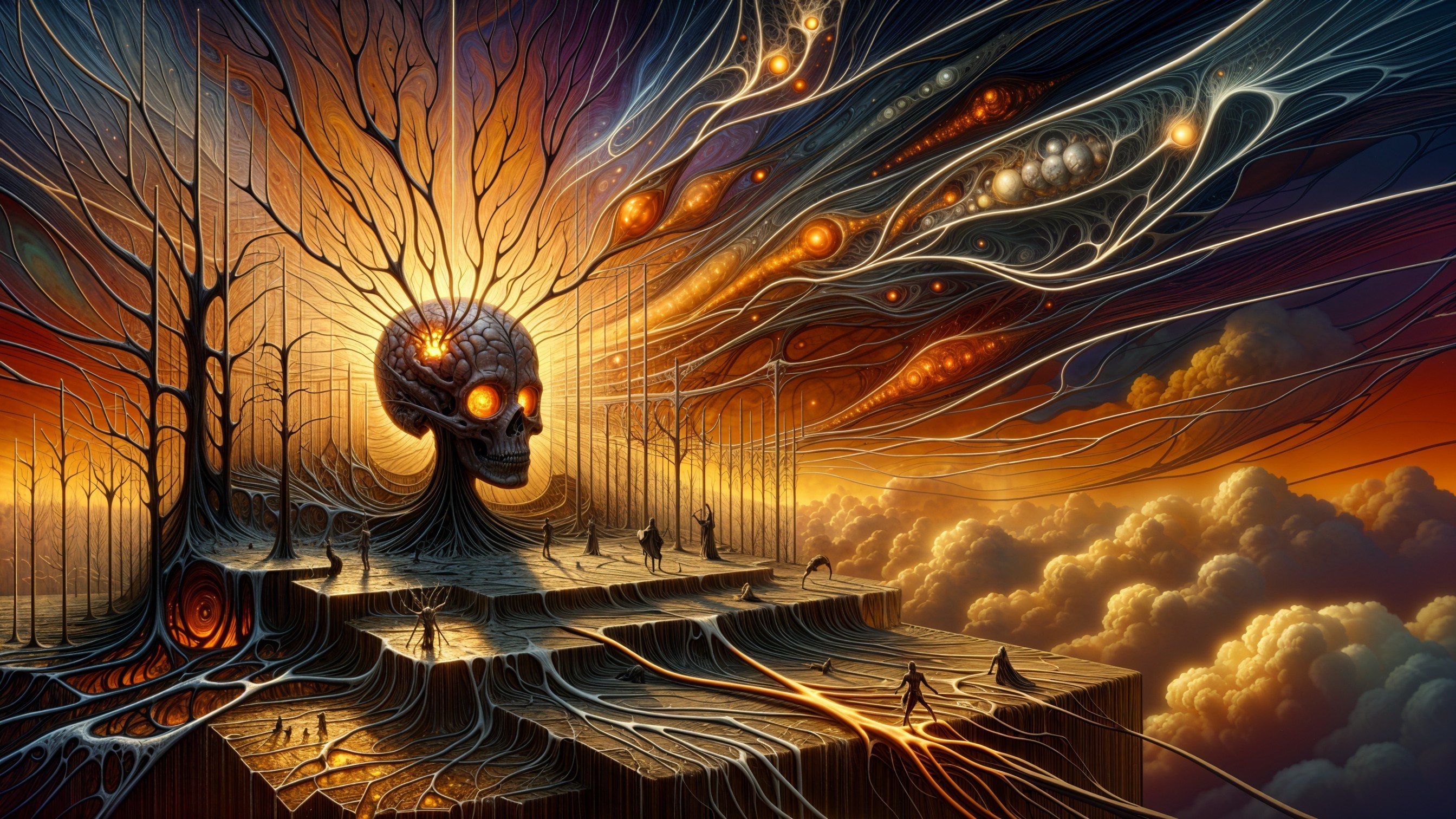 Surreal Landscape with Colossal Skull and Vibrant Branches