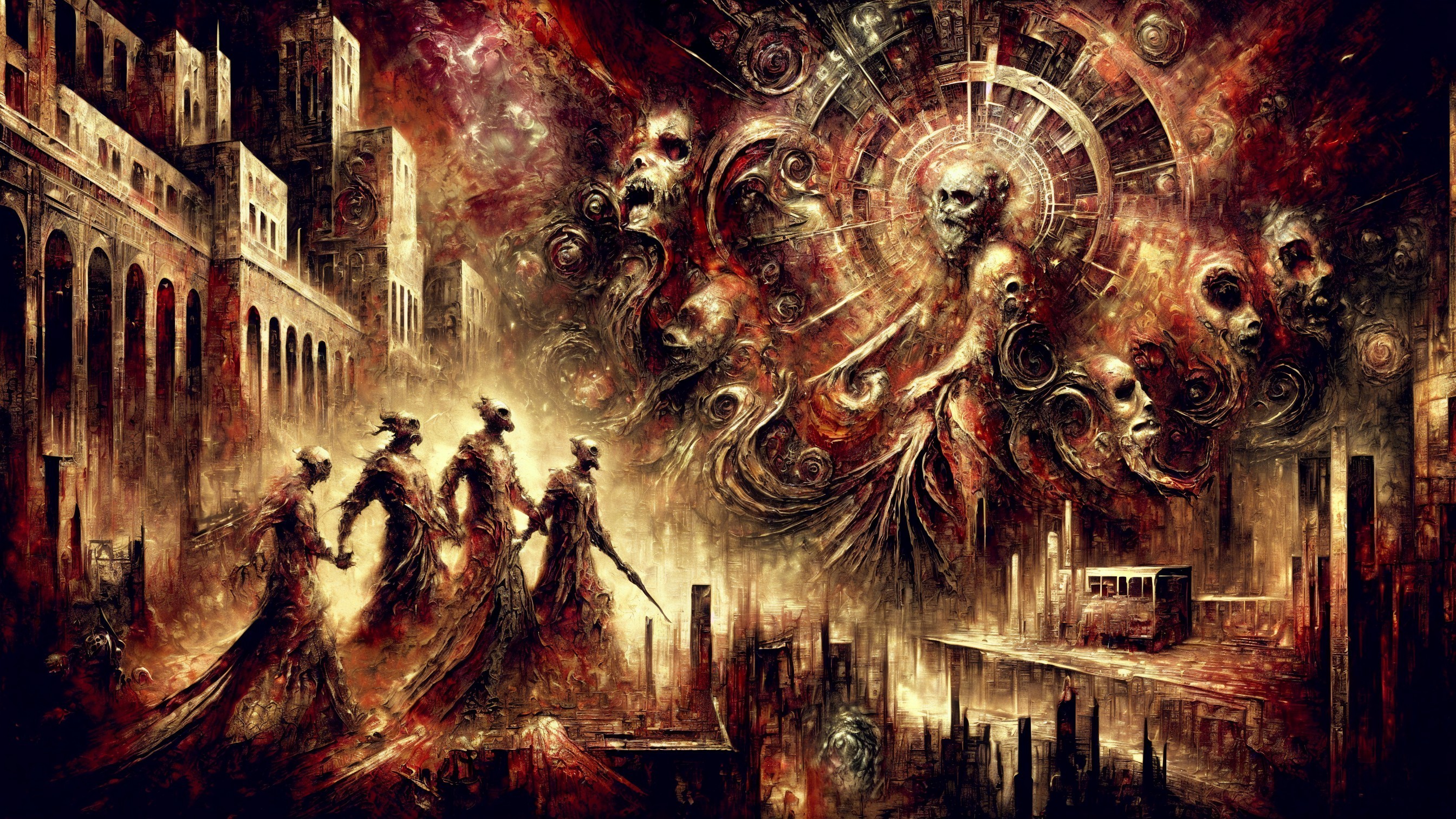 Surreal Dark Fantasy Scene with Ghostly Figures