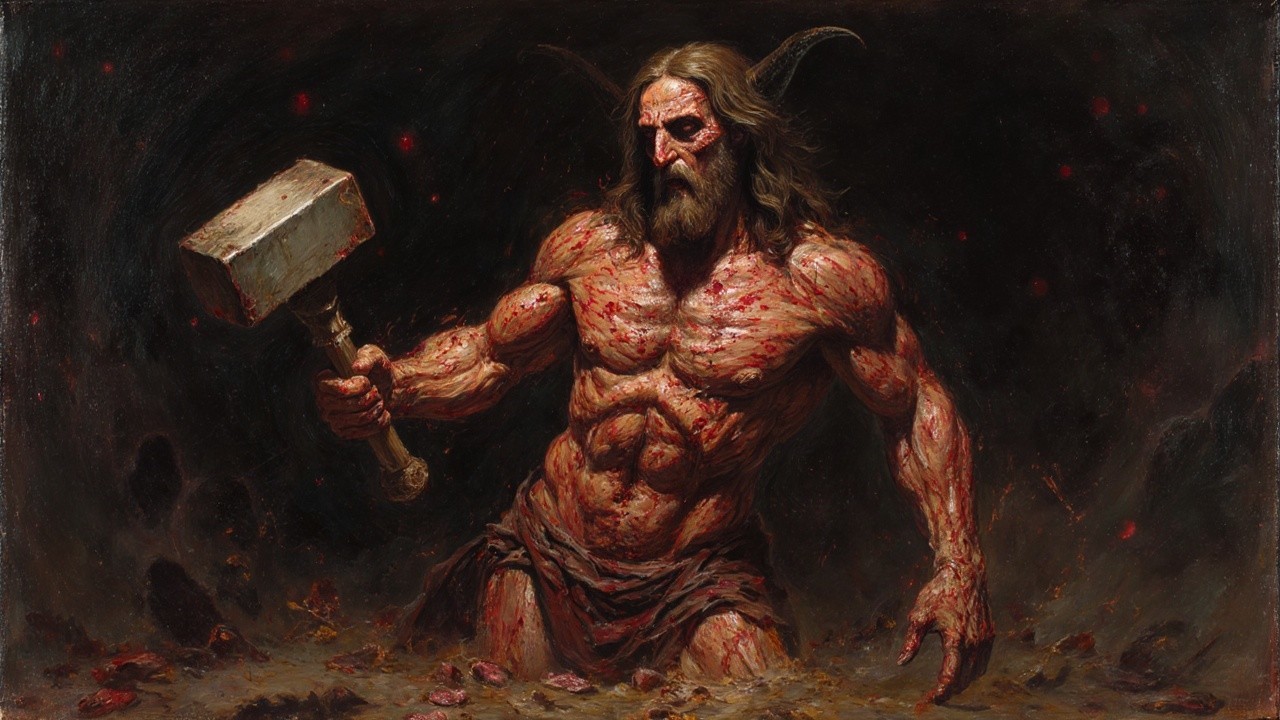 Muscular Figure with Hammer in Chaotic Background