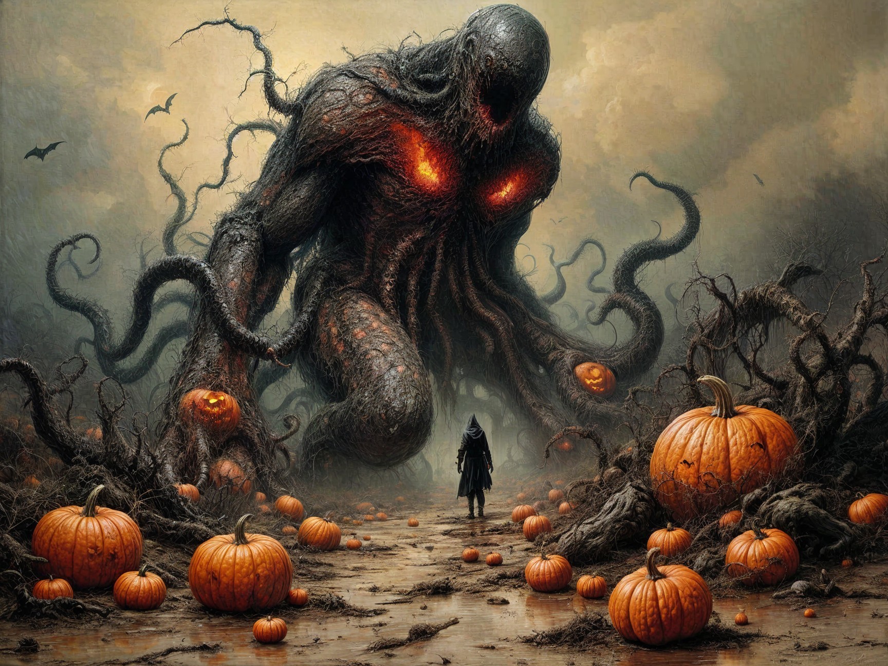 Colossal Creature in Dark Eerie Landscape with Pumpkins