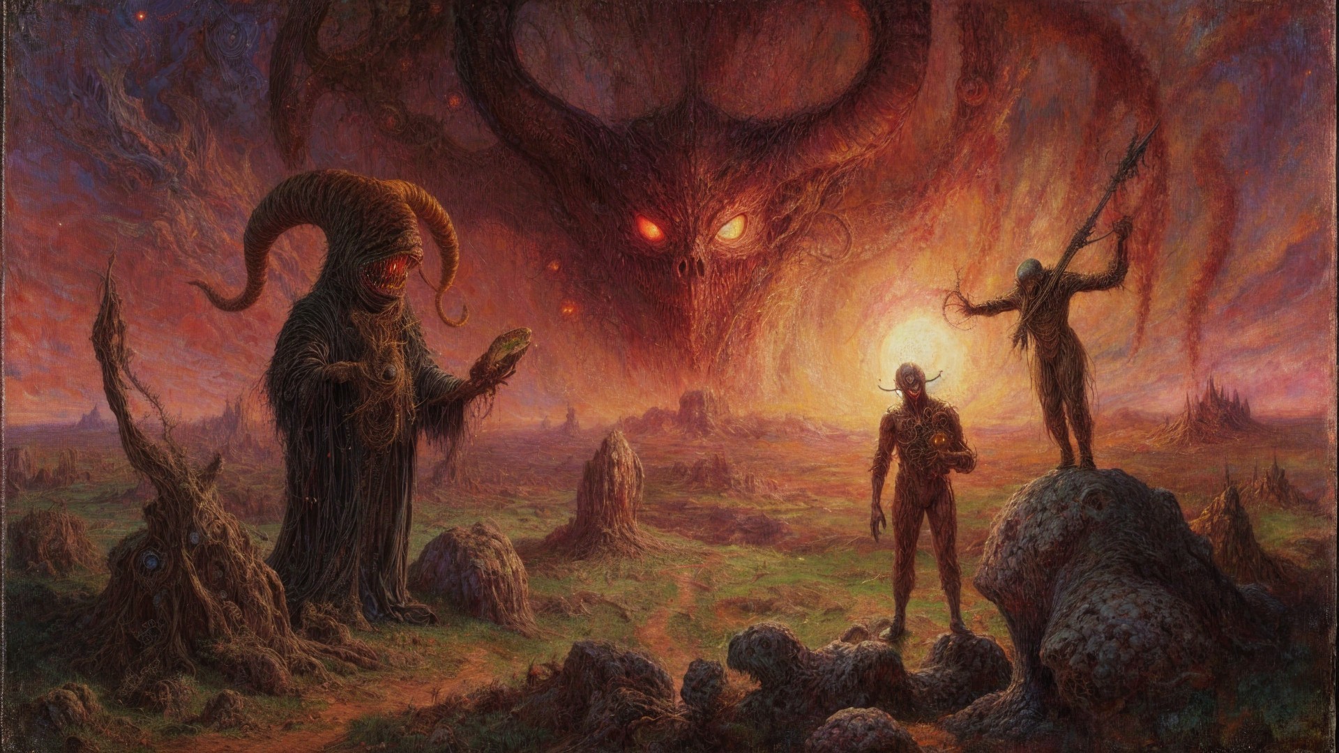 Surreal landscape with shadowy figures and ominous sky