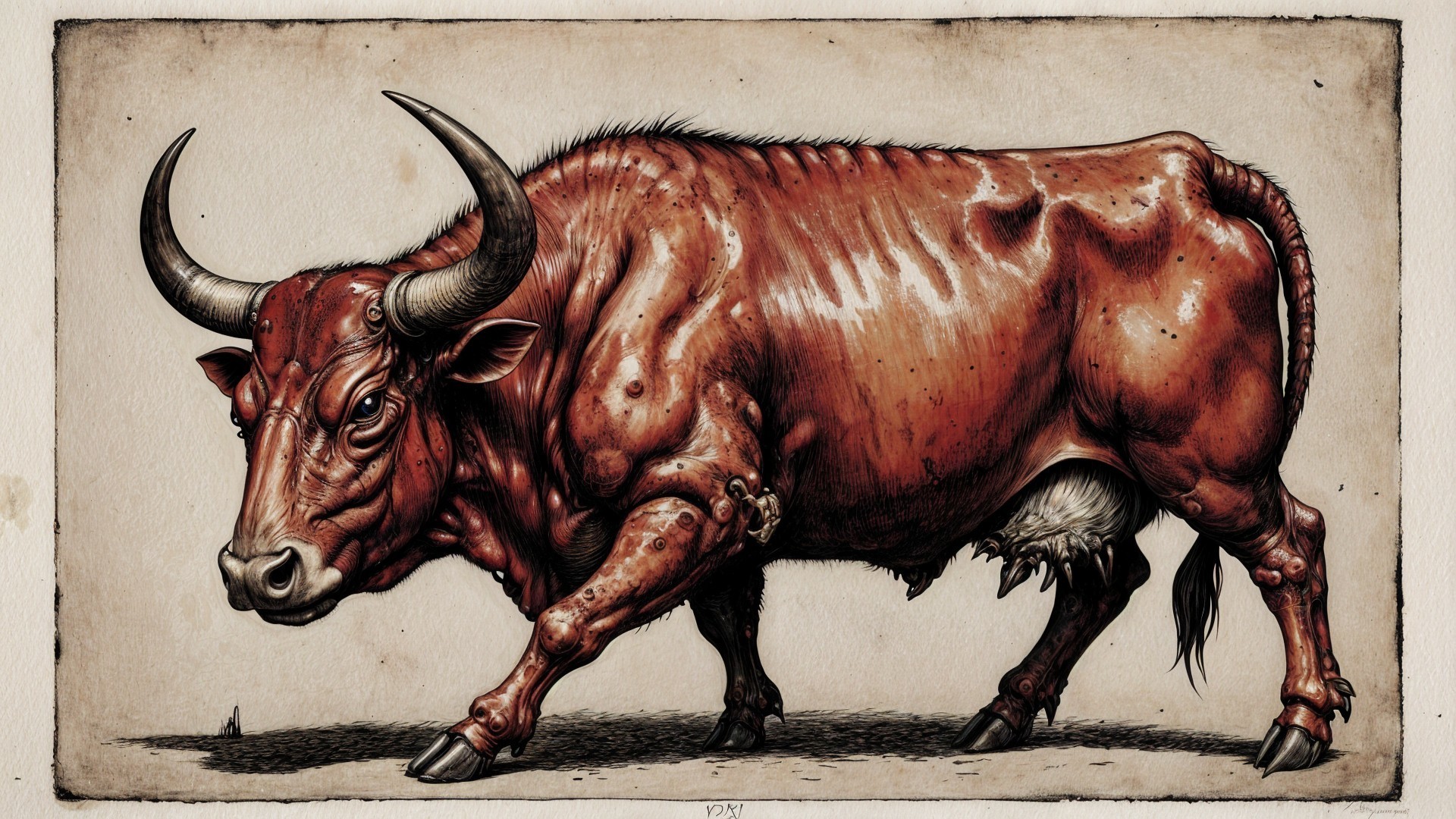 Muscular Red-Brown Bull with Curved Horns and Intense Gaze