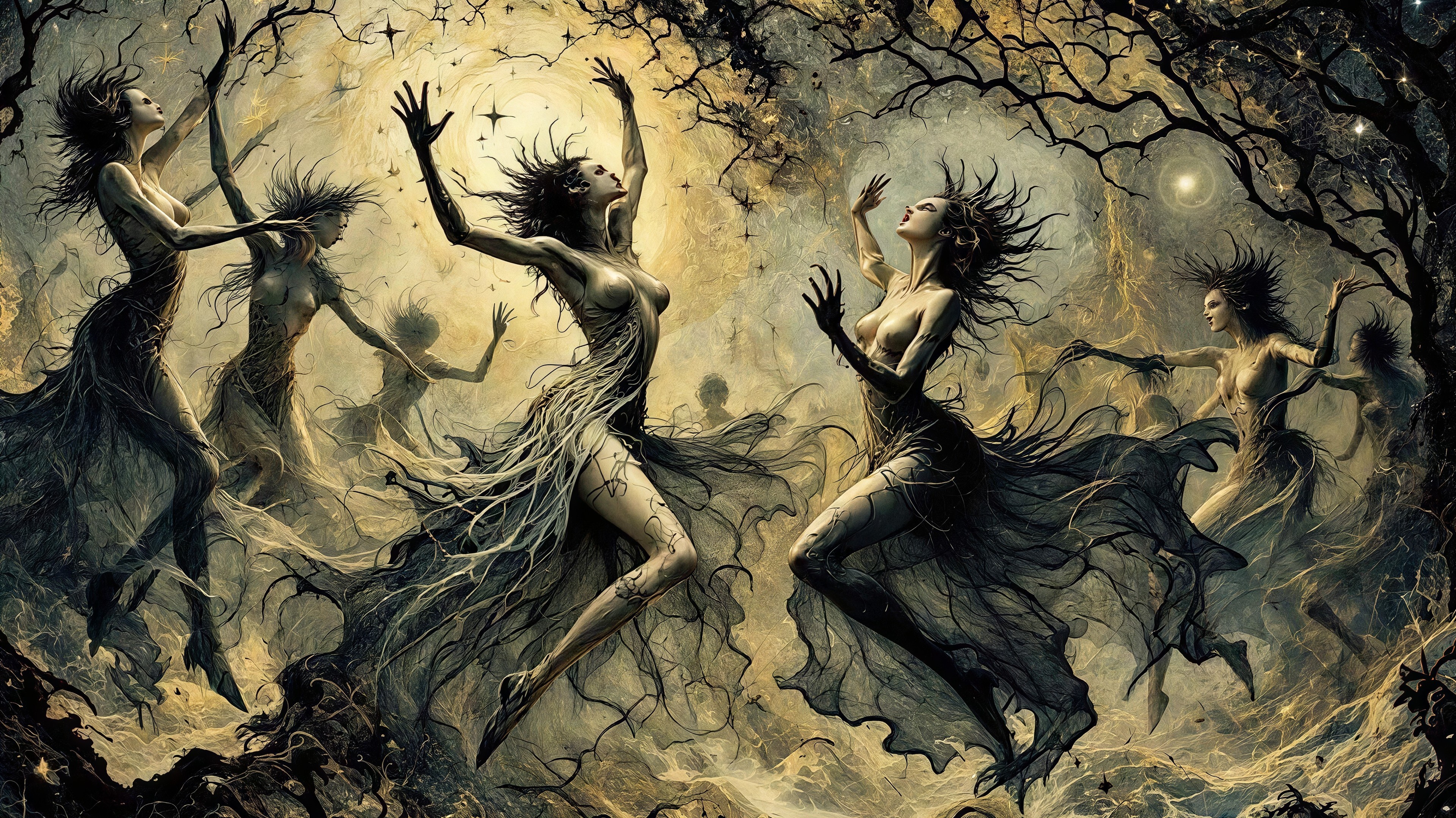 Ethereal Nymphs Dancing in Enchanted Forest Scene