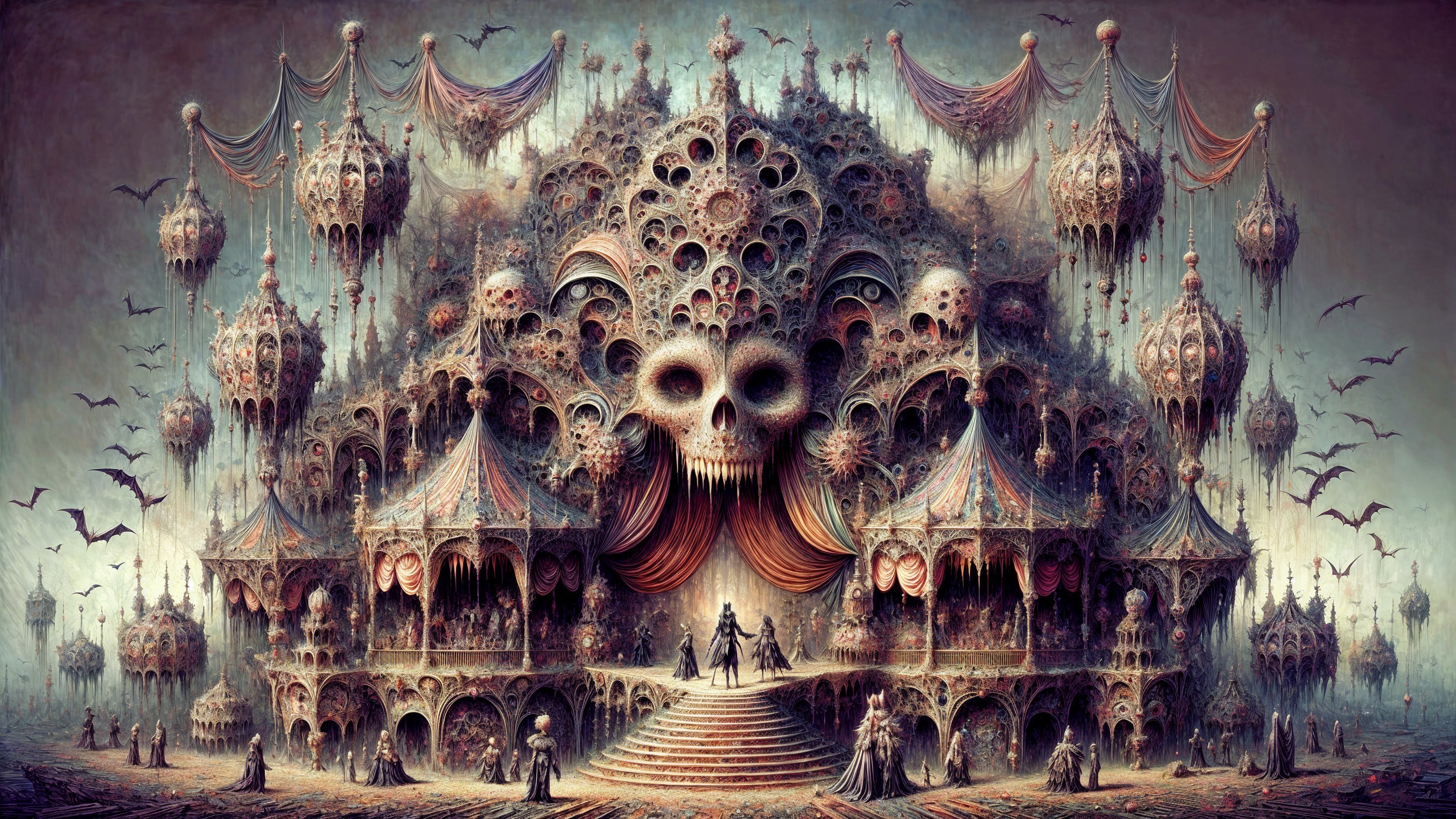 Dark-Themed Structure with Gothic Elements and Skulls