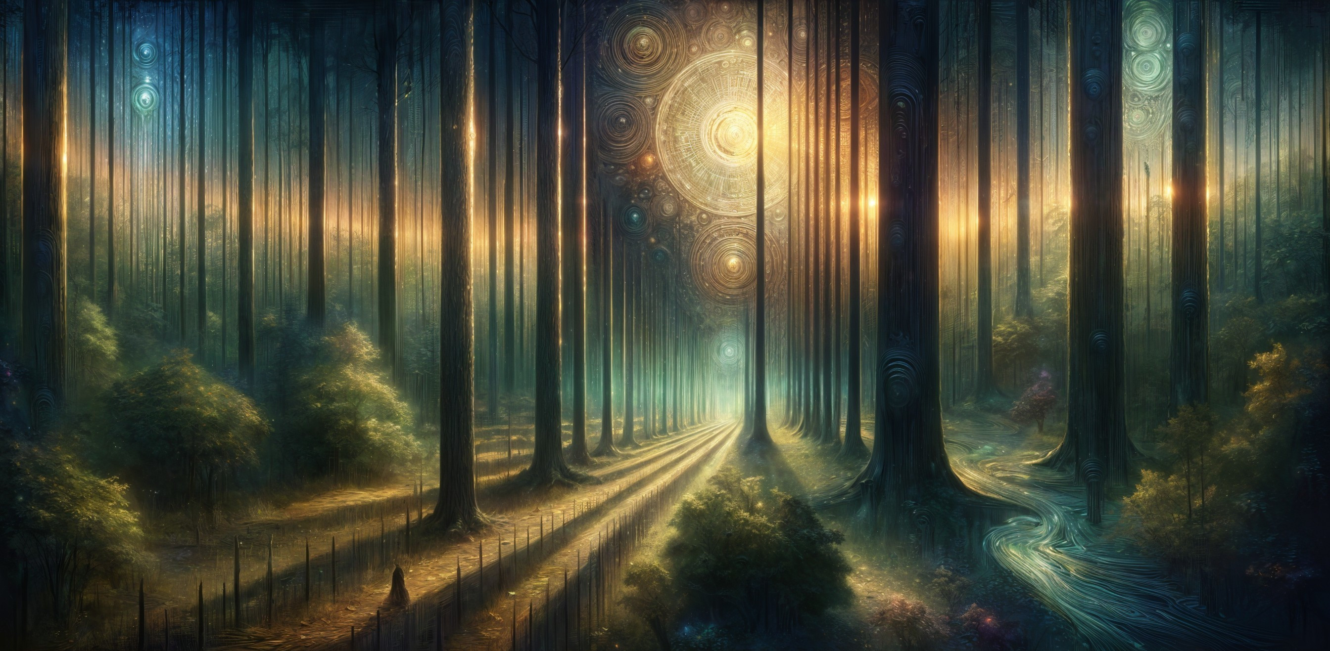 Twilight Mystical Forest with Ethereal Light and Stream