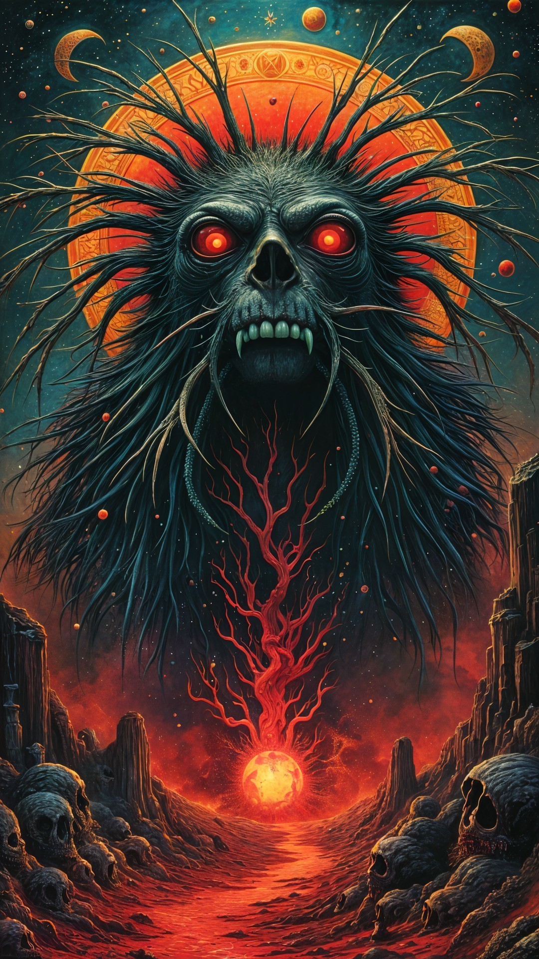 Surreal Cosmic Landscape with Ghastly Face and Skulls