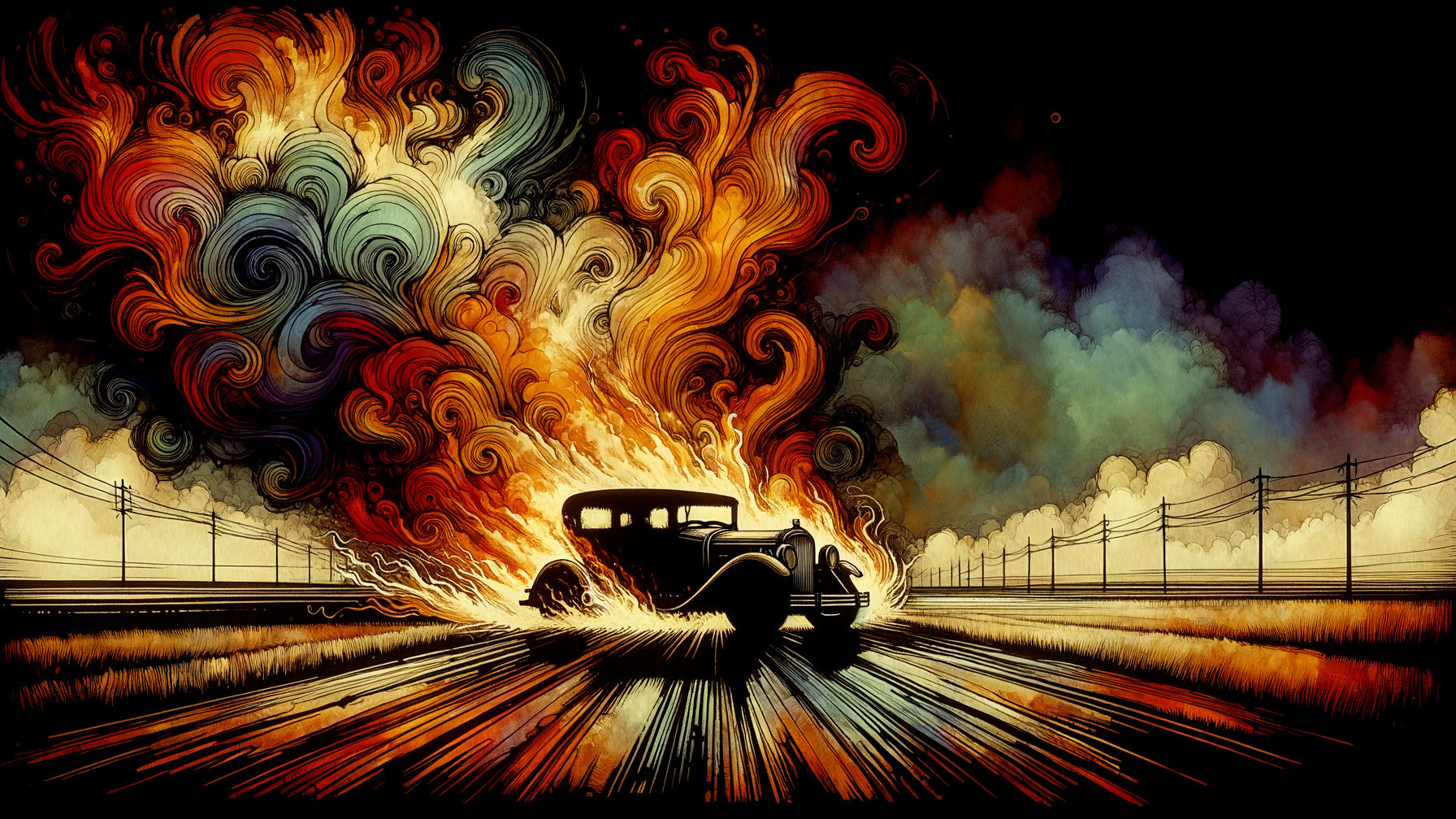 Vintage car on desolate road with flames and smoke