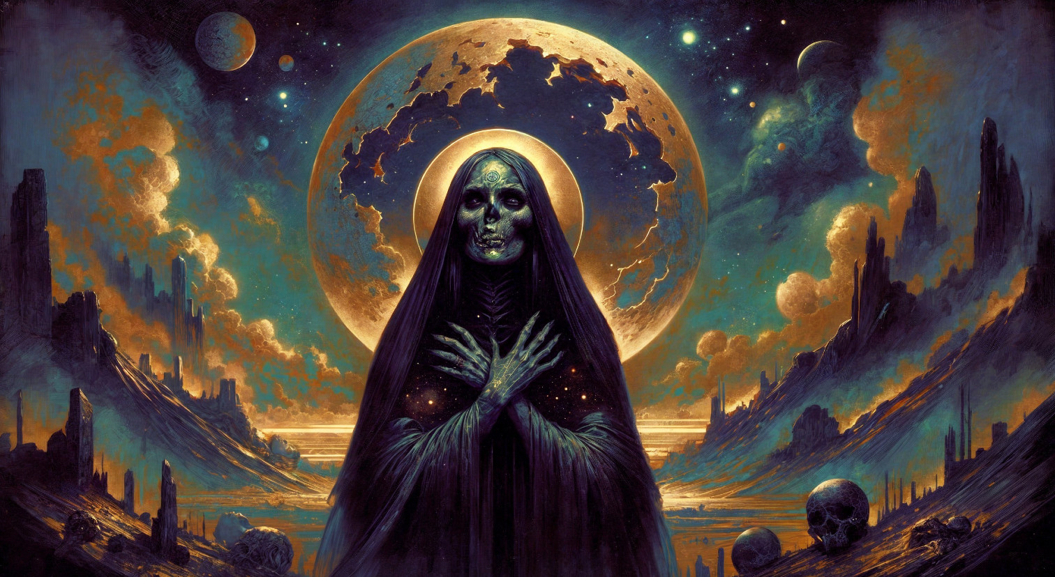 Mysterious Cloaked Figure in Cosmic Landscape with Skulls