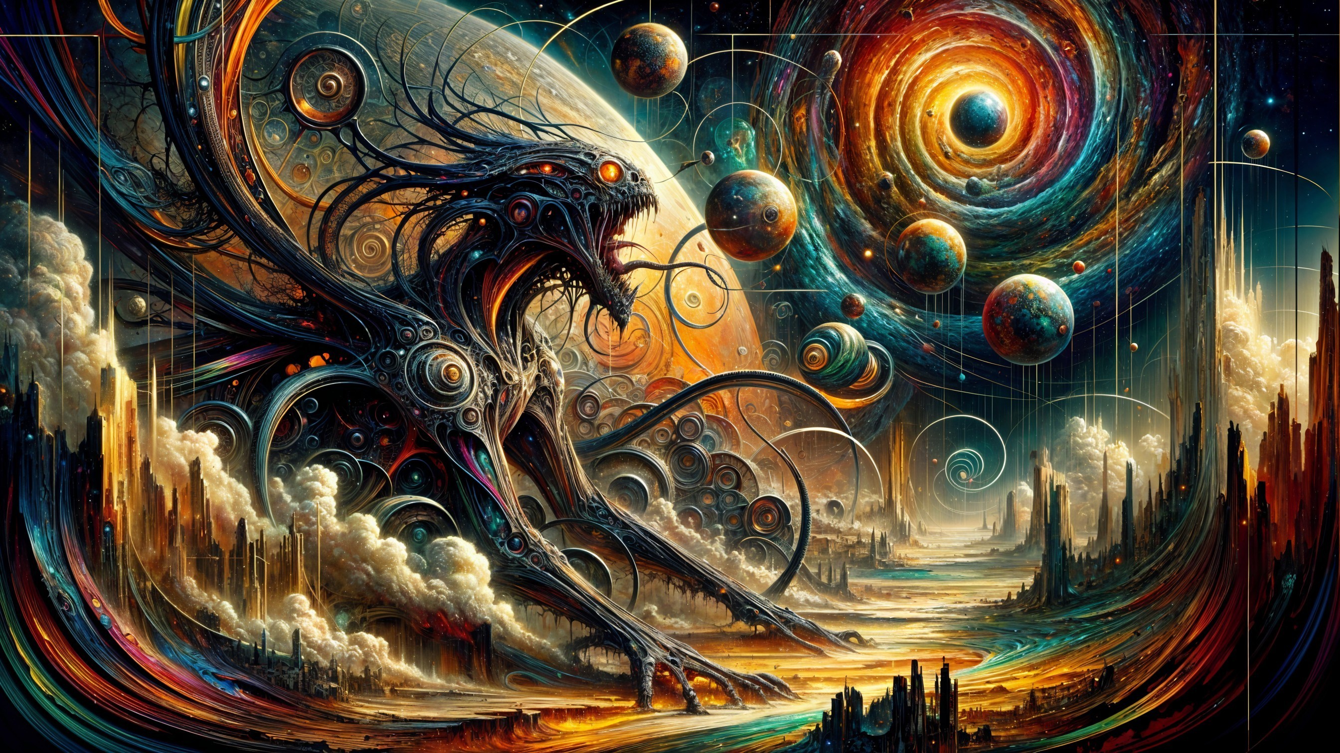 Surreal Cosmic Scene with Monstrous Mechanical Figure