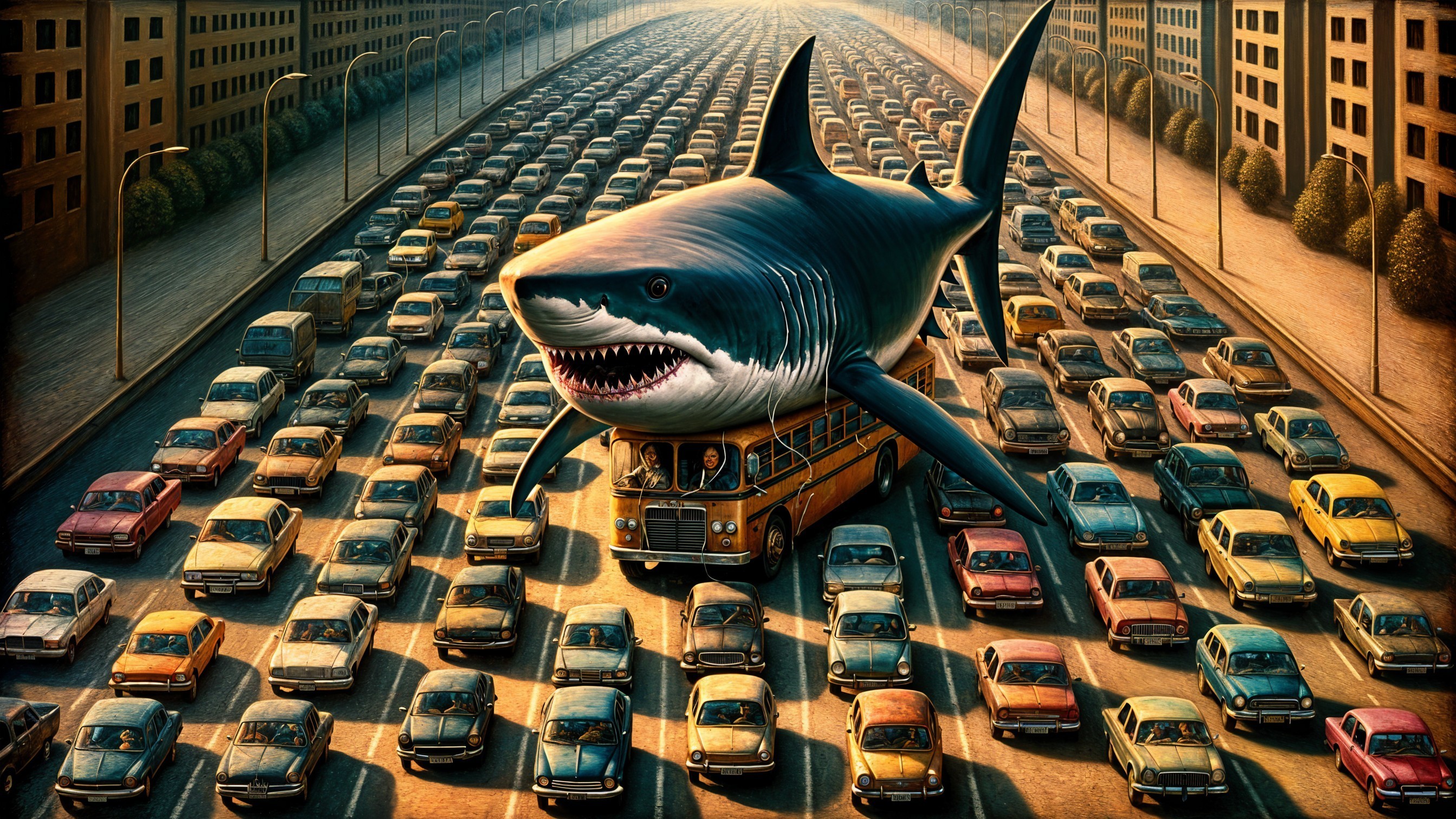 Giant Shark Emerges from Bus in City Traffic Scene